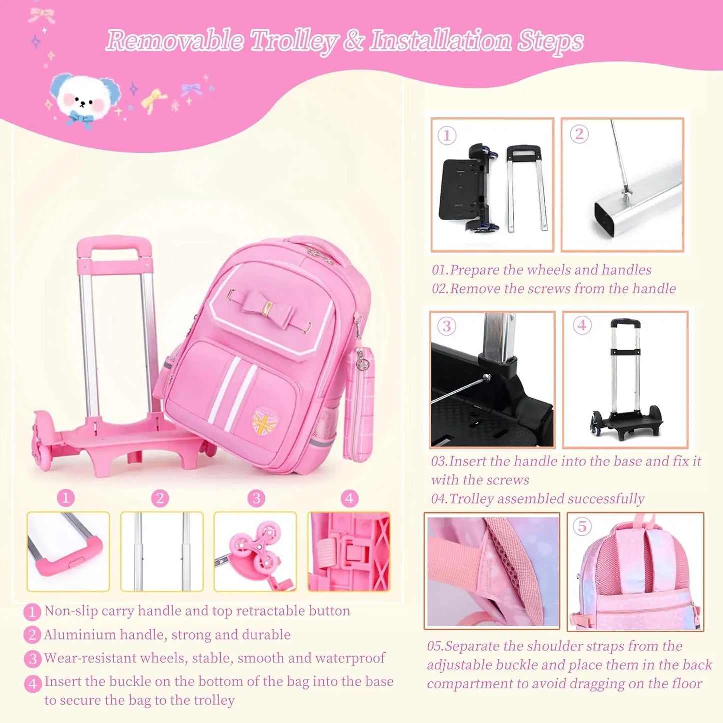 Caster Cute Rolling Backpack for Girls with Wheels Trolley Bookbag