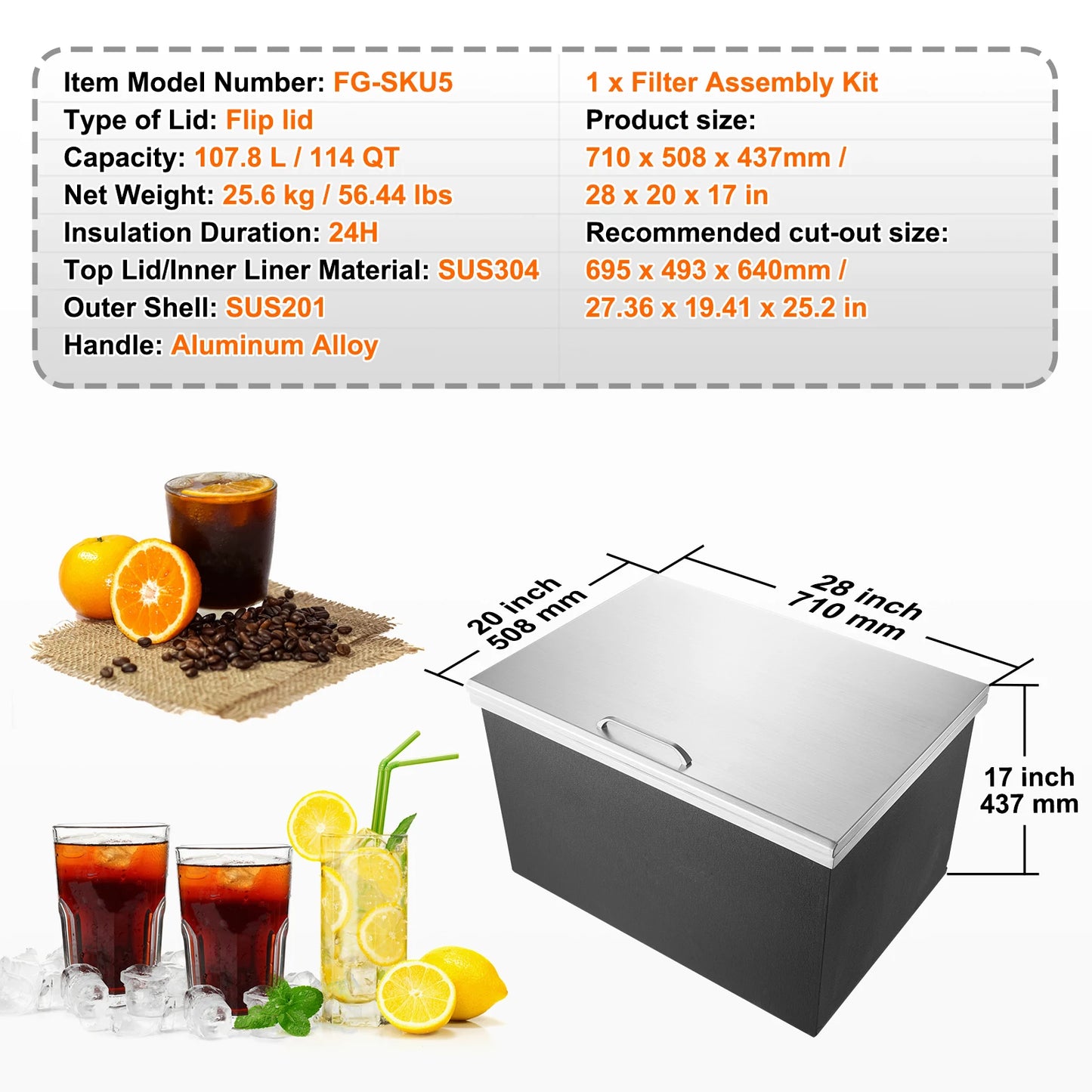SucceBuy Drop In Ice Chest Stainless Steel Ice Cooler