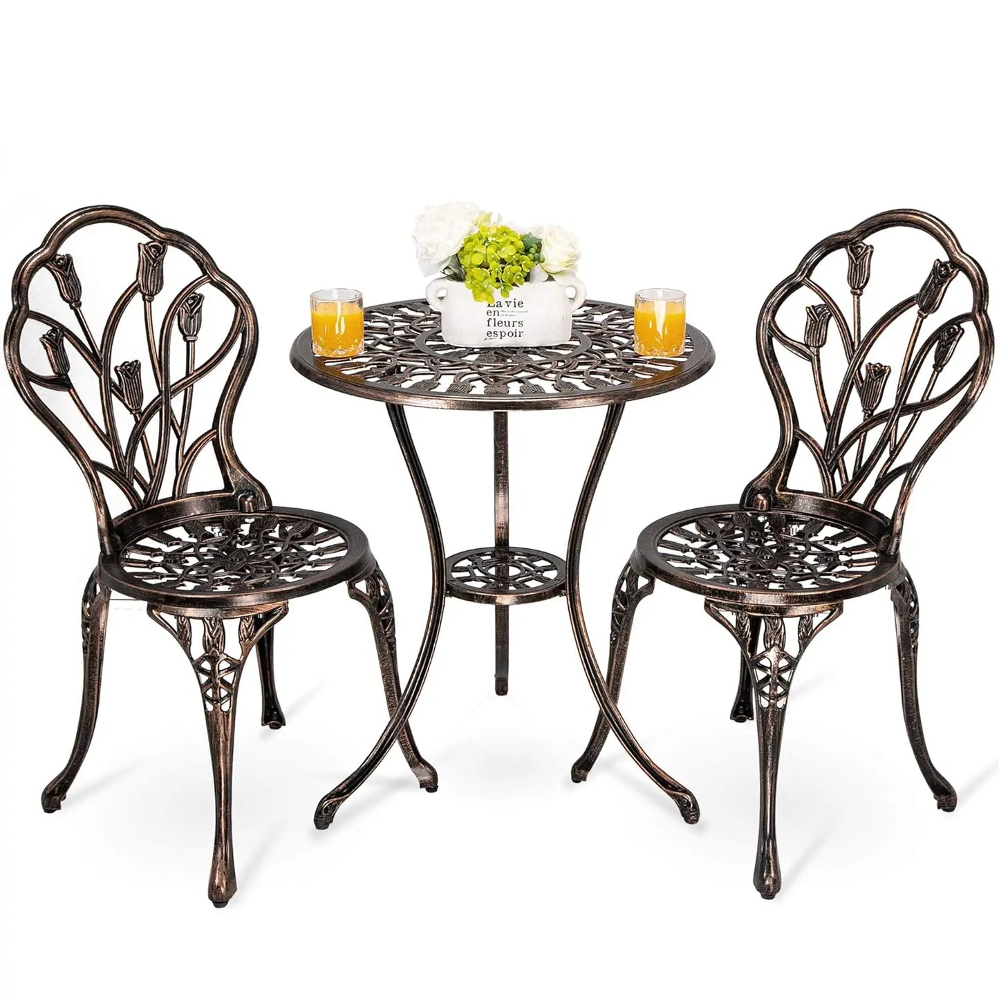 Bistro Table And Chairs Outdoor Patio Set Cast Aluminum Rose Pattern