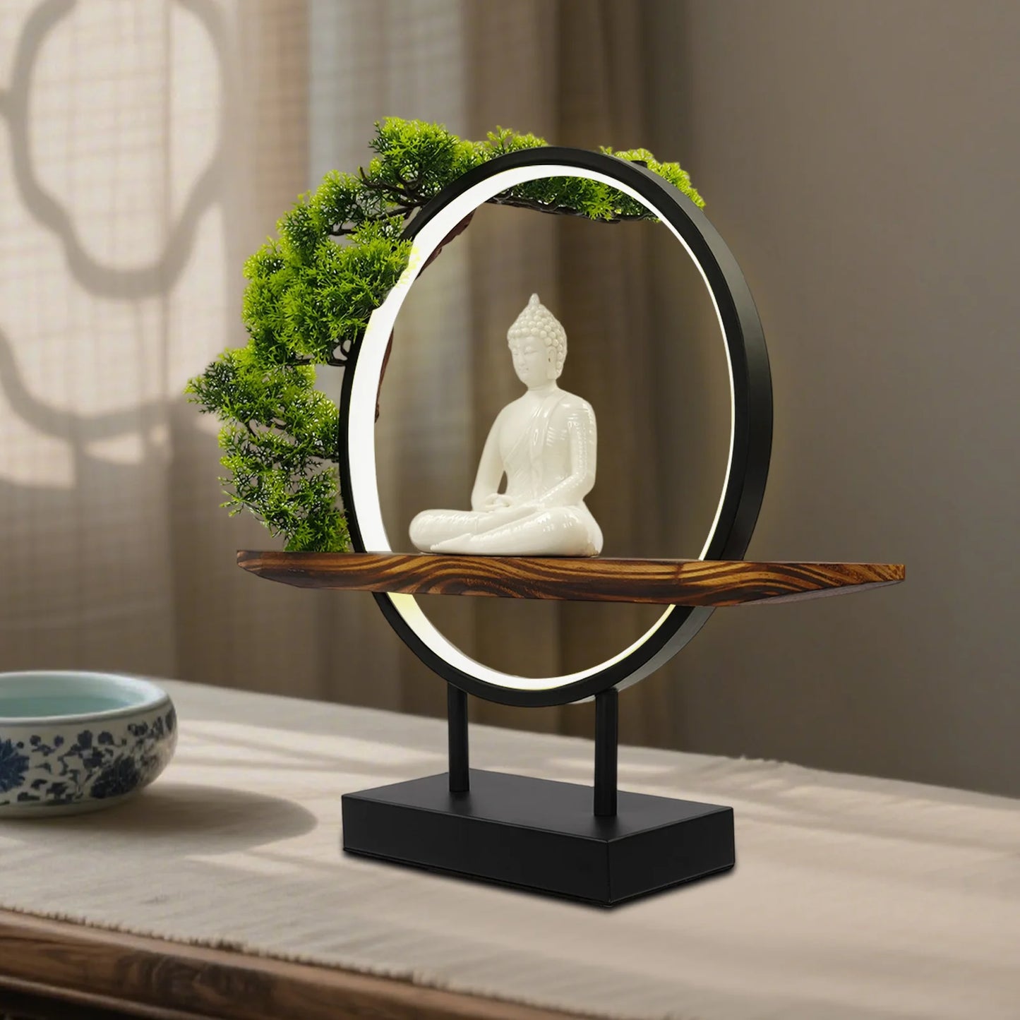 Buddha Statue Indoor Decor Desktop Ornament With LED Circle Lamp