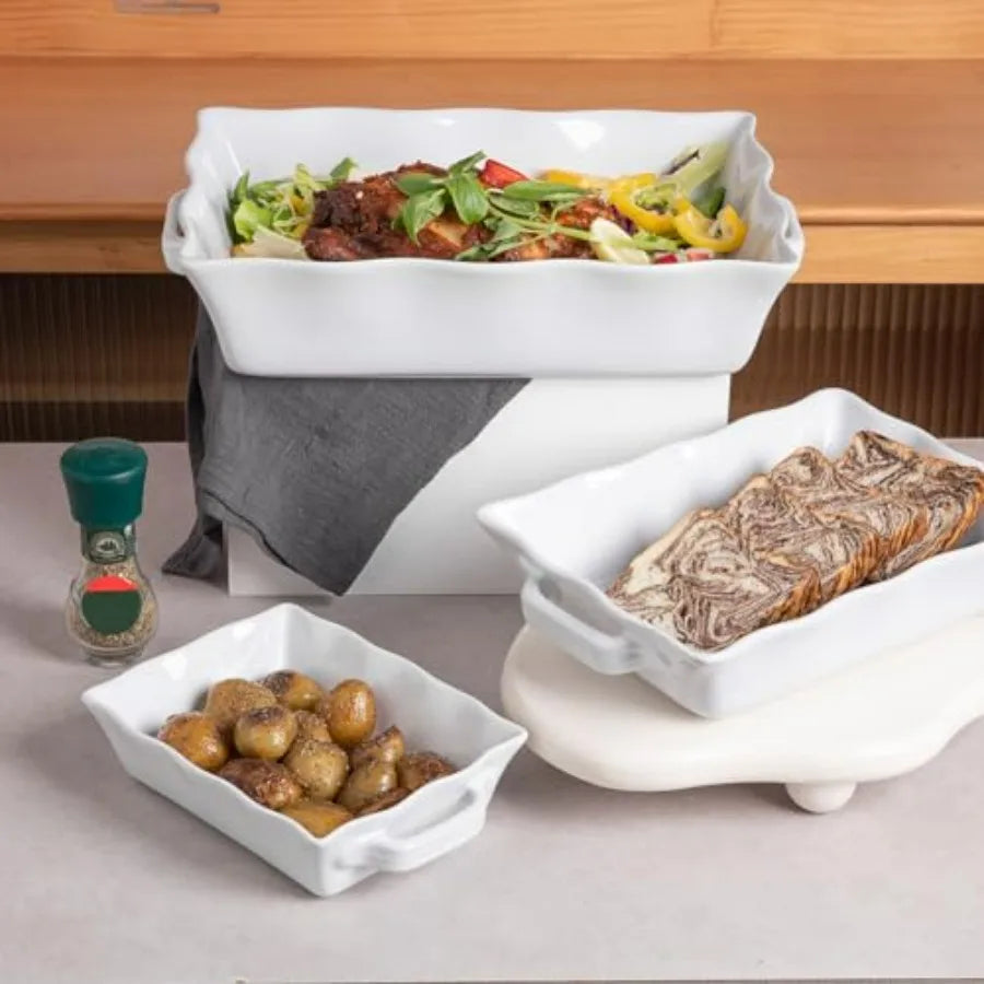 Ceramic Bakeware Set of 3 Rectangular Casserole Dishes with Handles