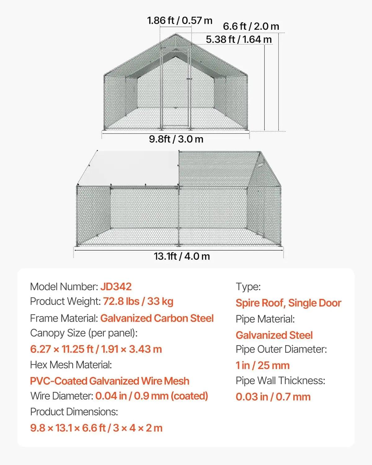 Metal Chicken Coop Walk-In Hen House Enclosure Outdoor Security