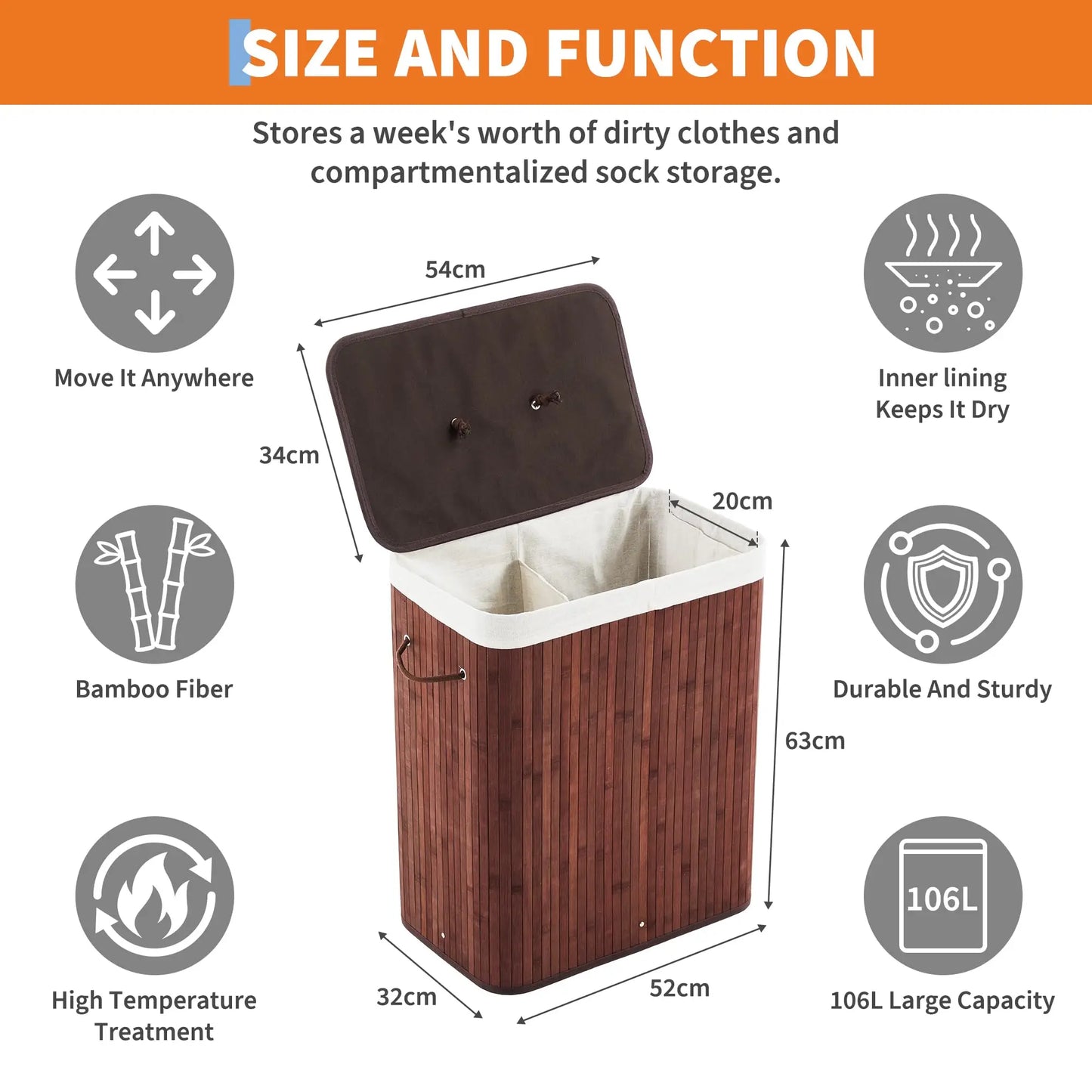 HiMISSCN Bamboo Laundry Hamper with Removable 4-Section Liner