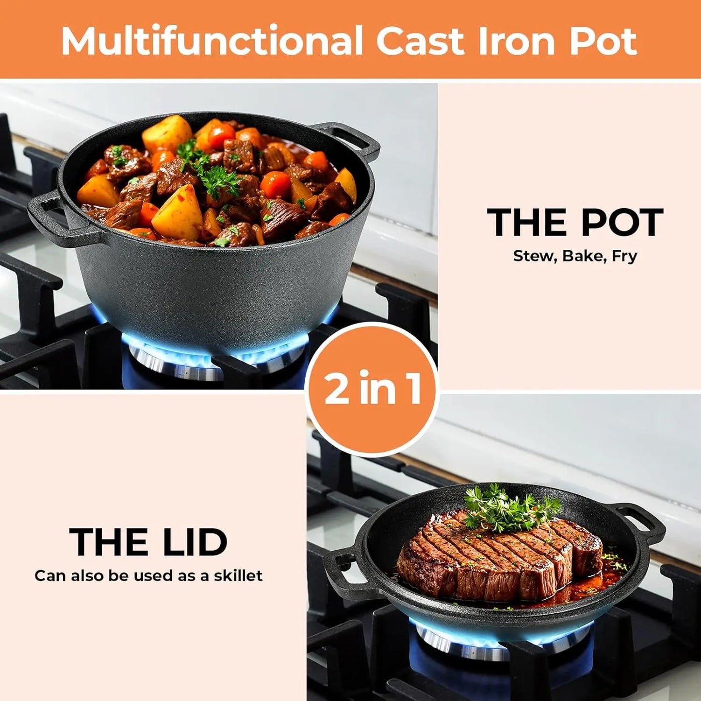 Pre-Seasoned Cast Iron Double Dutch Oven With Loop Handles