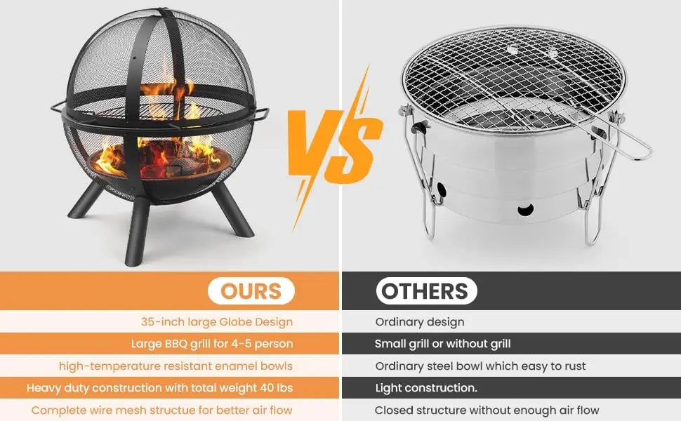 Round Fire Pit With BBQ Grill Outdoor Bonfire Patio Fireplace