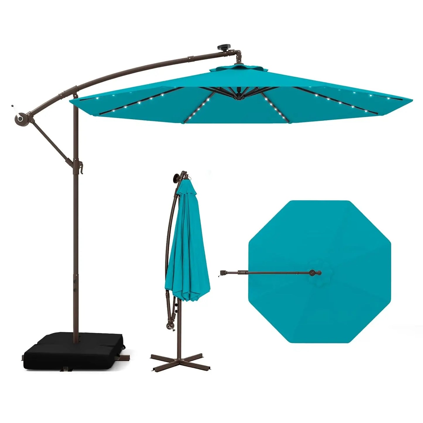 Offset Patio Cantilever Umbrella With Base And Solar LED Lights
