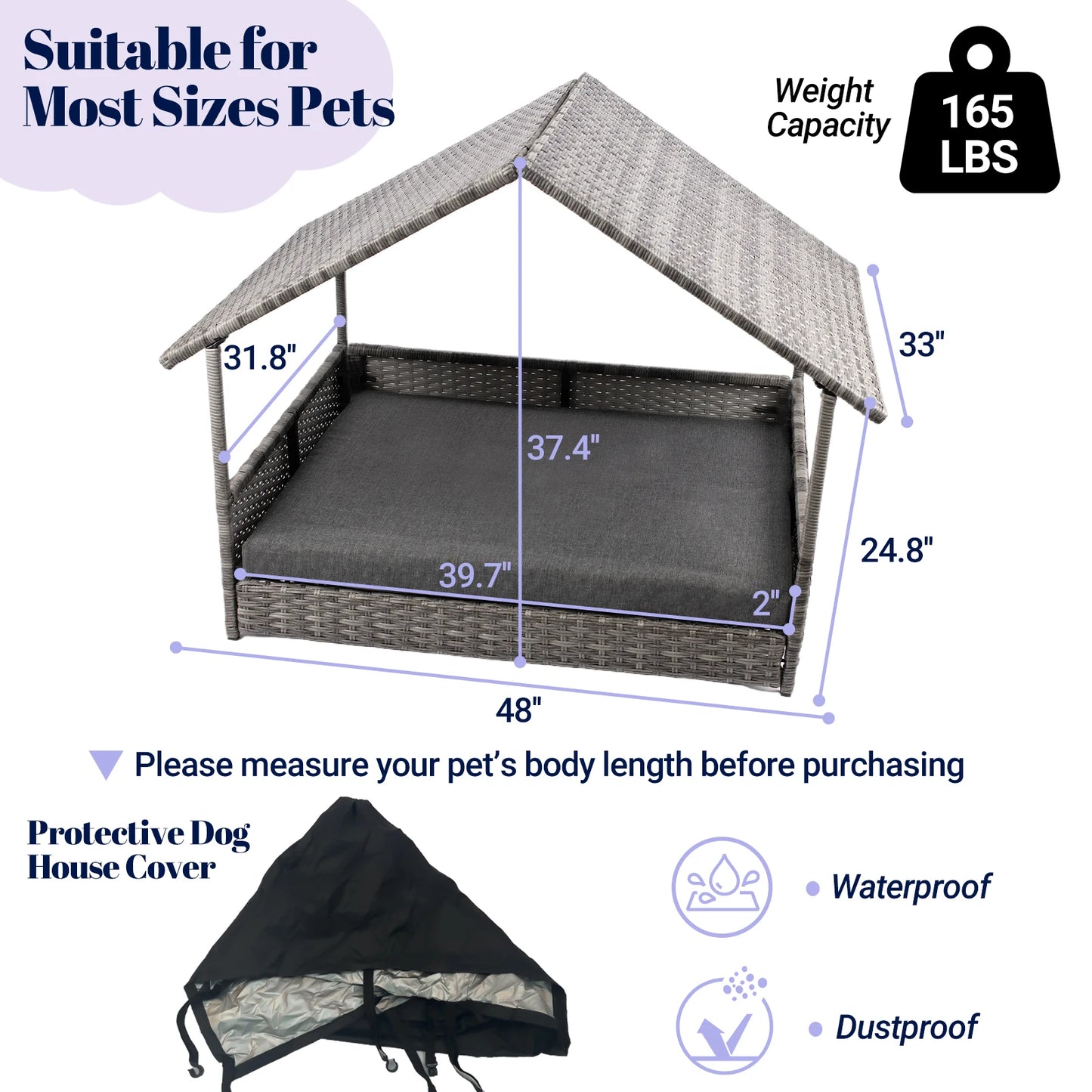 Wicker Dog House Elevated Rattan Bed With Canopy Cushion