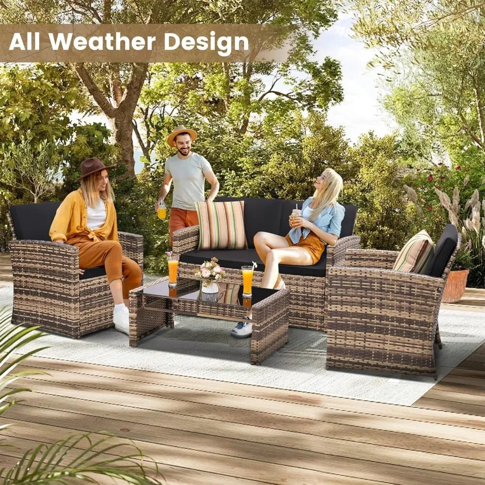 Outdoor Rattan Patio Conversation Set With Cushioned Wicker Sofa