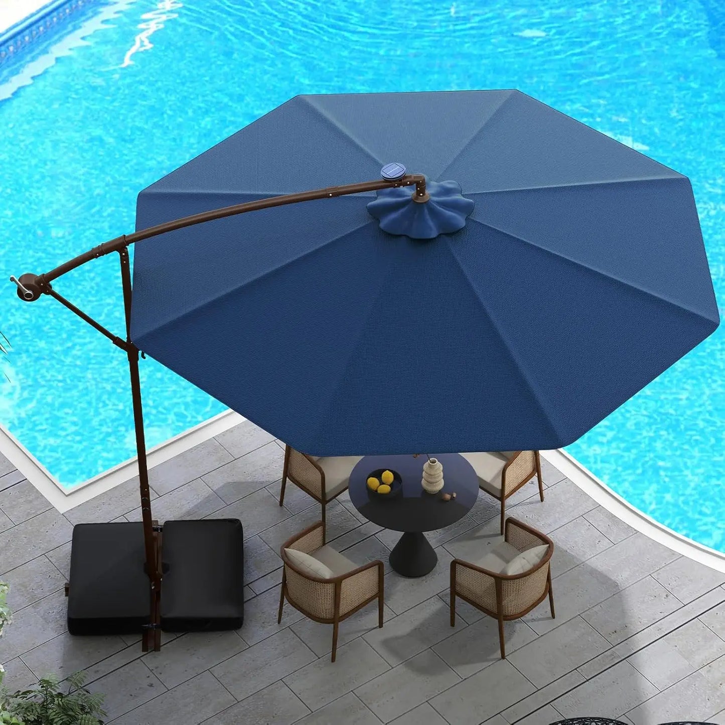 Offset Patio Cantilever Umbrella With Base And Solar LED Lights
