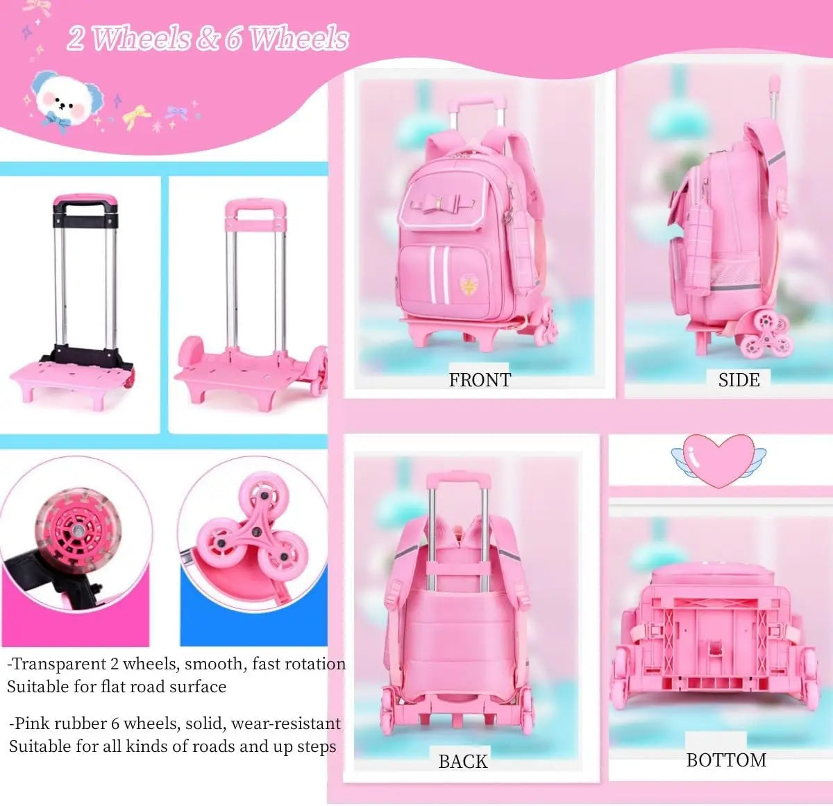 Caster Cute Rolling Backpack for Girls with Wheels Trolley Bookbag