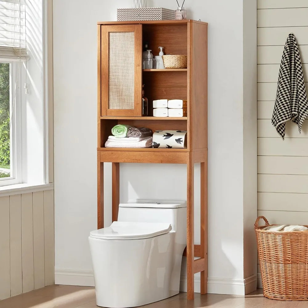 XMSJ Over Toilet Storage Cabinet Rattan Sliding Door Bathroom Organizer