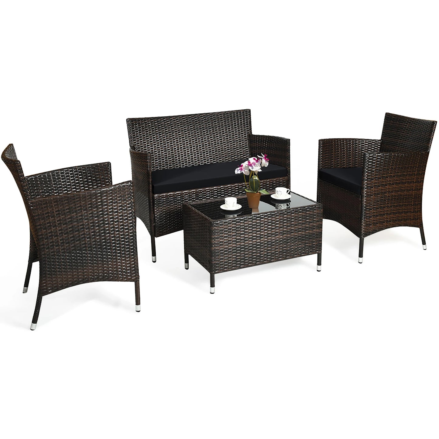 HOMASIS Rattan Patio Furniture Set Cushioned Sofa Chairs Coffee Table