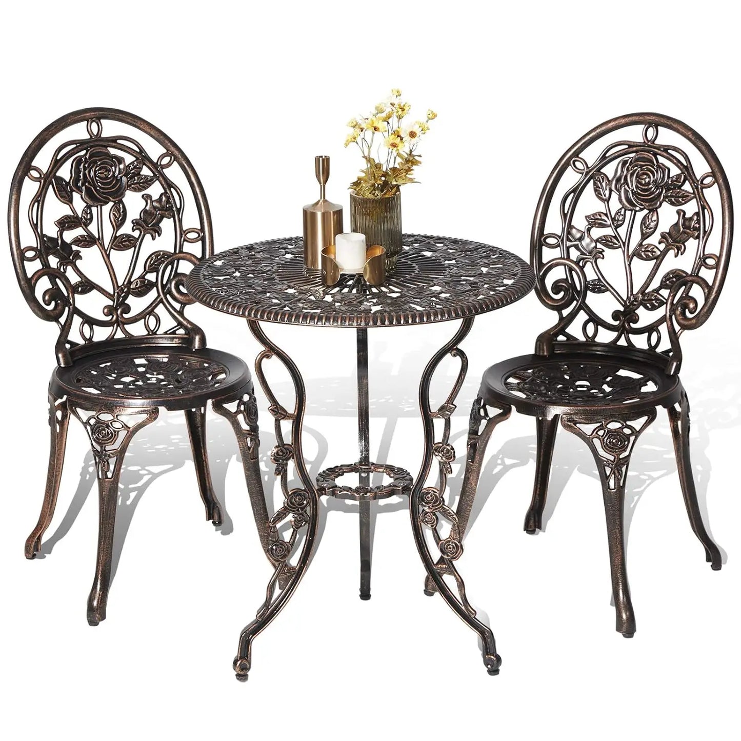 Bistro Table And Chairs Outdoor Patio Set Cast Aluminum Rose Pattern