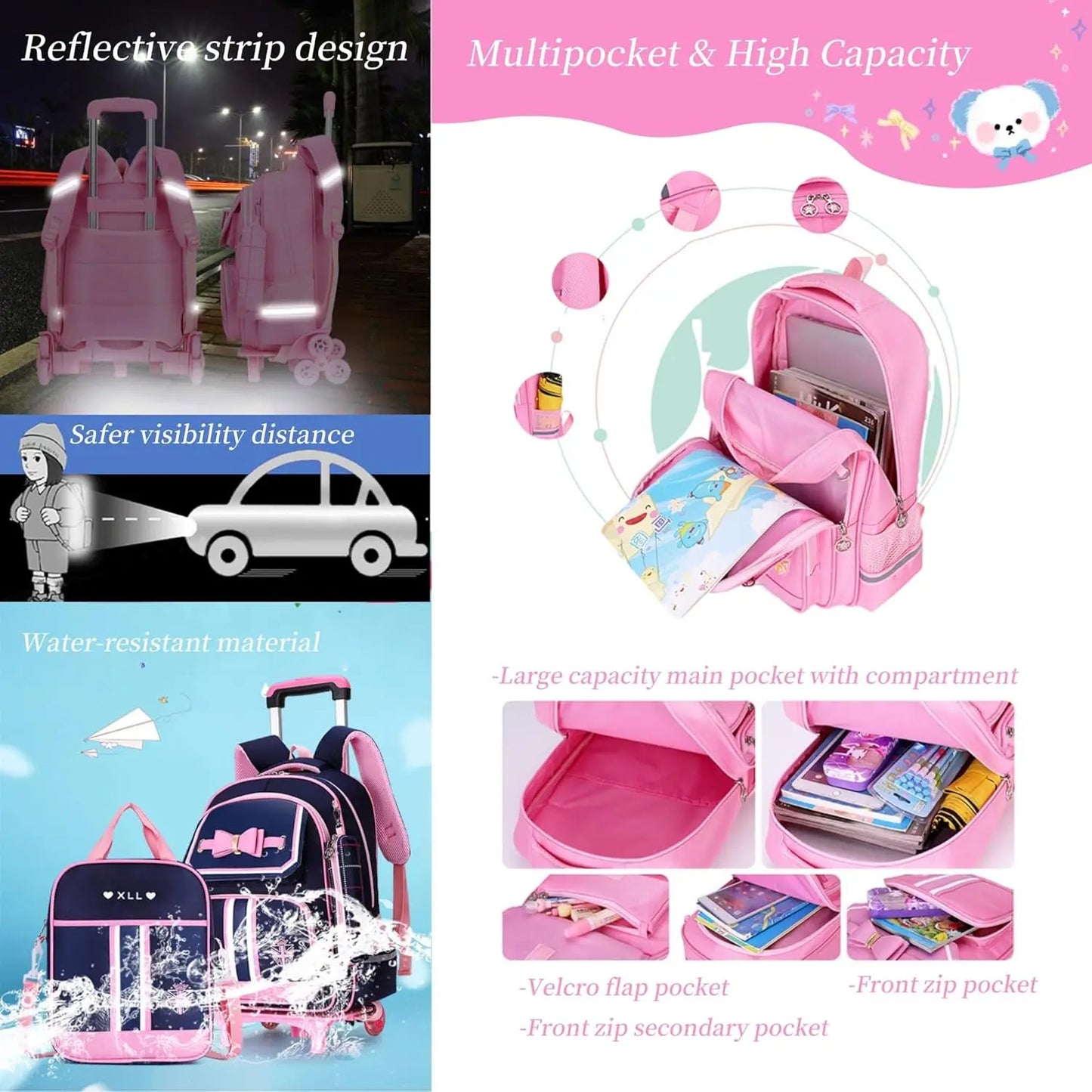 Caster Cute Rolling Backpack for Girls with Wheels Trolley Bookbag
