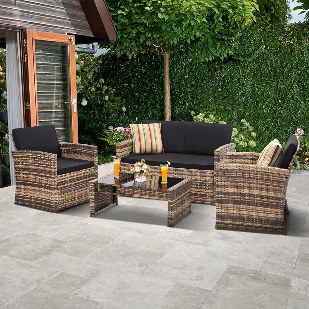 Outdoor Rattan Patio Conversation Set With Cushioned Wicker Sofa