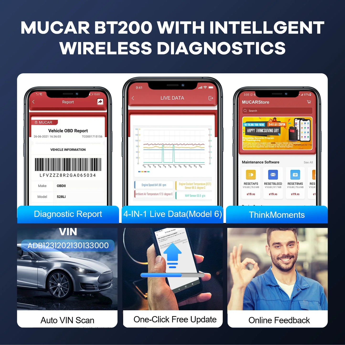 MUCAR BT200 Pro OBD2 Bluetooth Diagnostic Tool Full System Scan