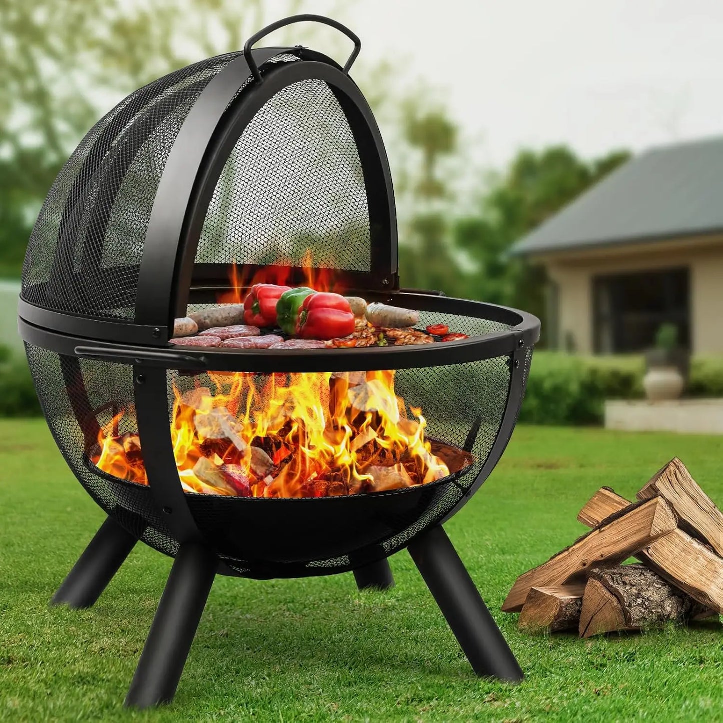 Round Fire Pit With BBQ Grill Outdoor Bonfire Patio Fireplace