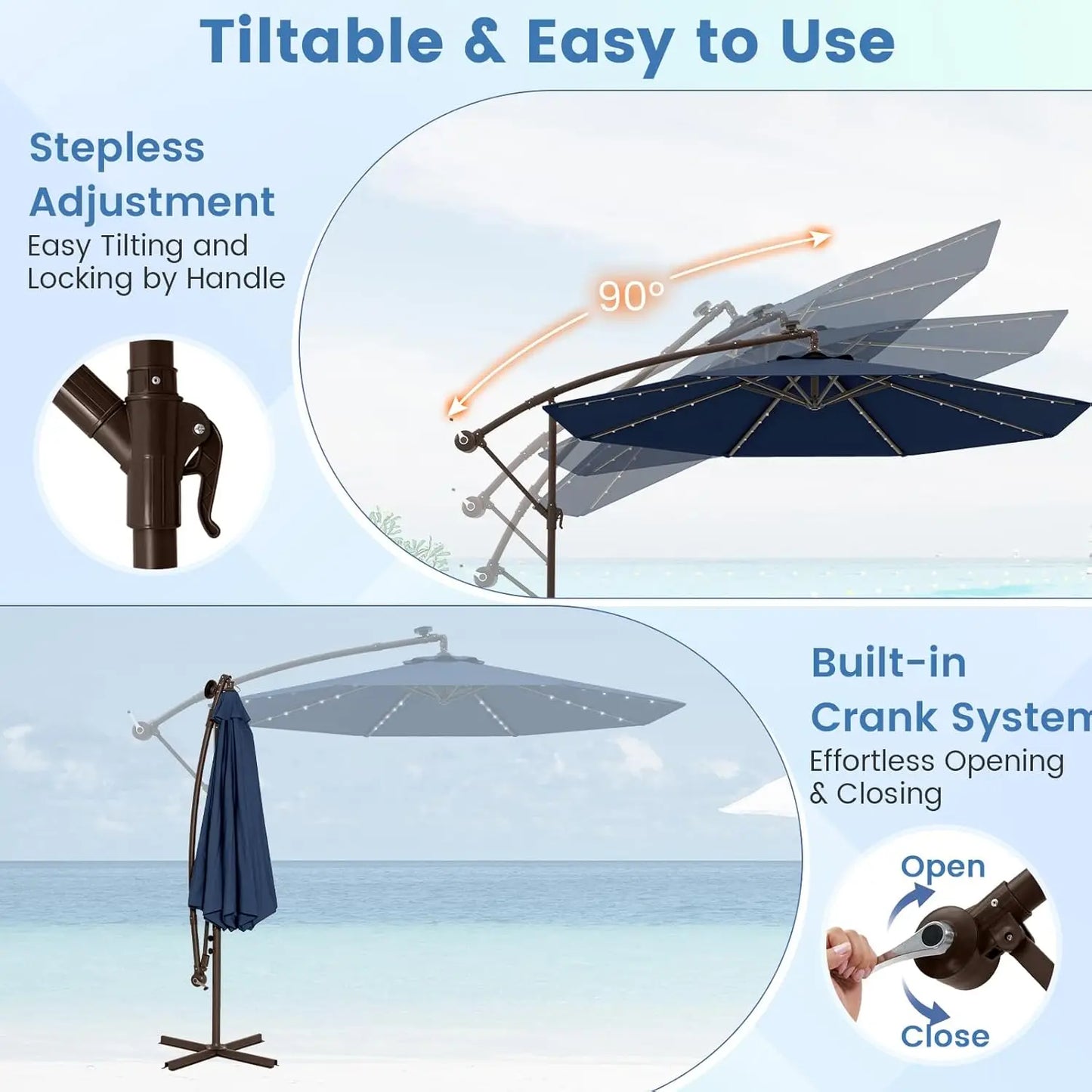 Offset Patio Cantilever Umbrella With Base And Solar LED Lights