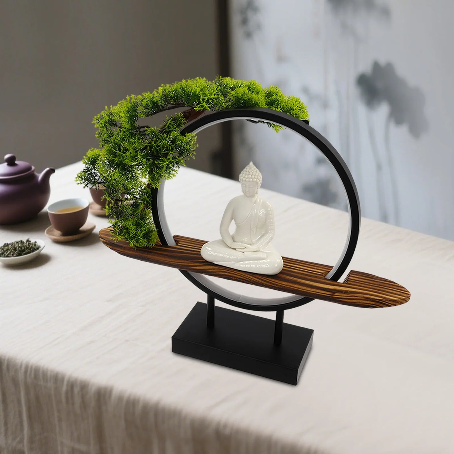 Buddha Statue Indoor Decor Desktop Ornament With LED Circle Lamp