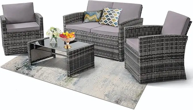 Outdoor Rattan Patio Conversation Set With Cushioned Wicker Sofa