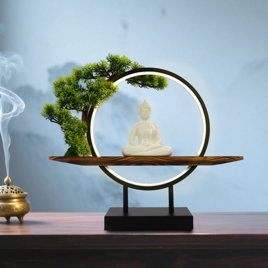 Buddha Statue Indoor Decor Desktop Ornament With LED Circle Lamp