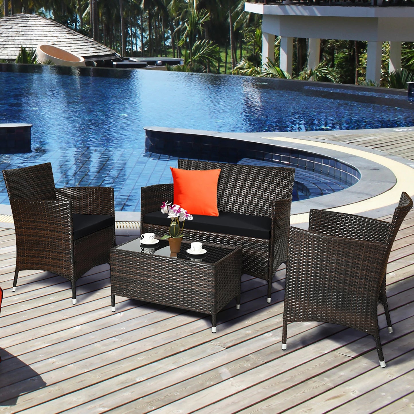 HOMASIS Rattan Patio Furniture Set Cushioned Sofa Chairs Coffee Table