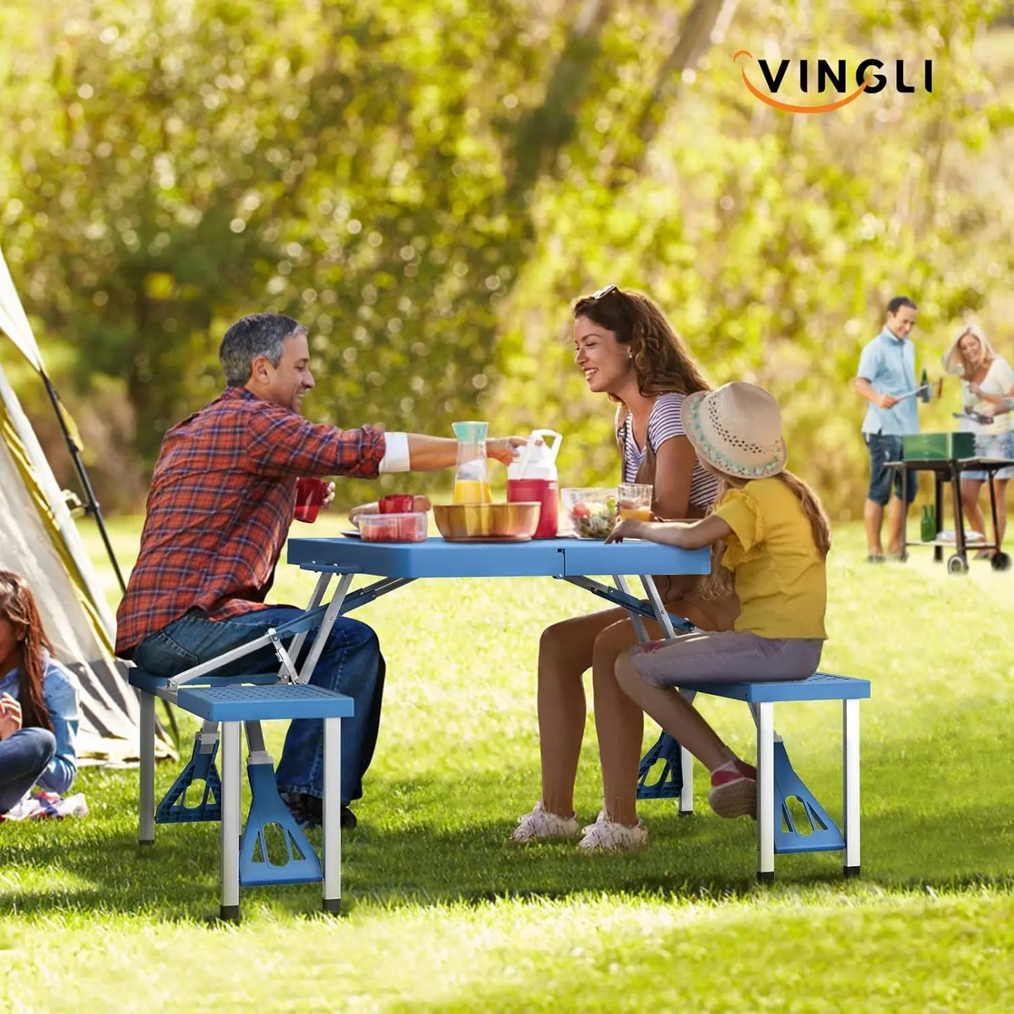 Aluminum Folding Camping Table Set With 4 Seats Umbrella Hole