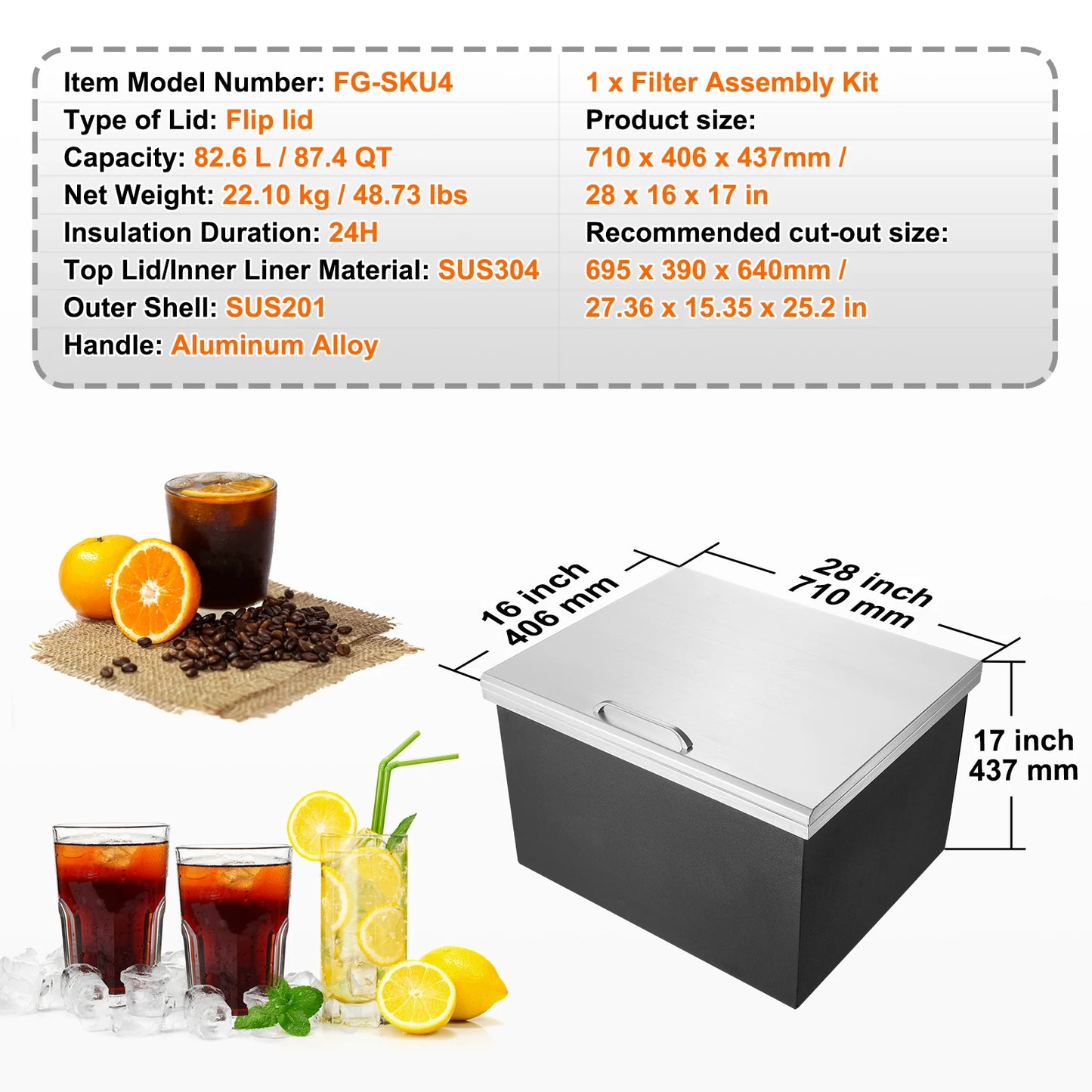 SucceBuy Drop In Ice Chest Stainless Steel Ice Cooler