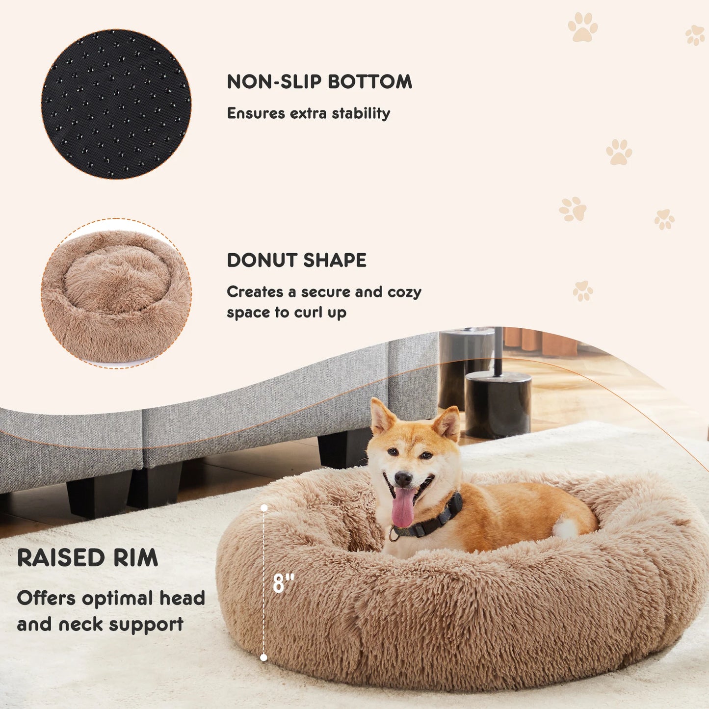 JHK Calming Dog Bed Plush Faux Fur Washable Non Slip