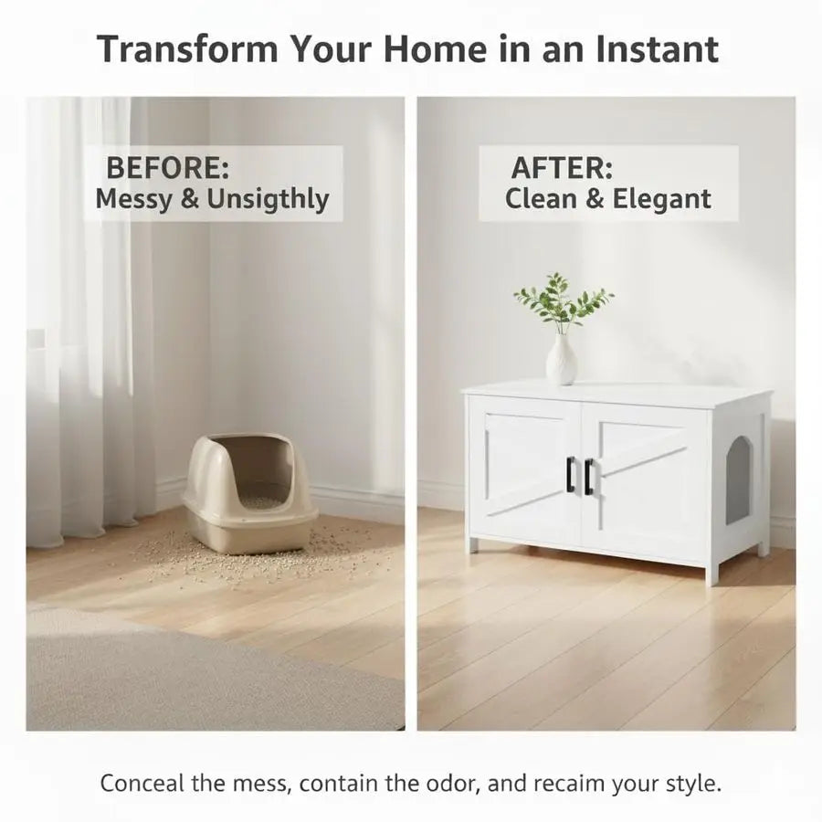 XMSJ Cat Litter Box Enclosure Wooden Washroom Cabinet Barn Door