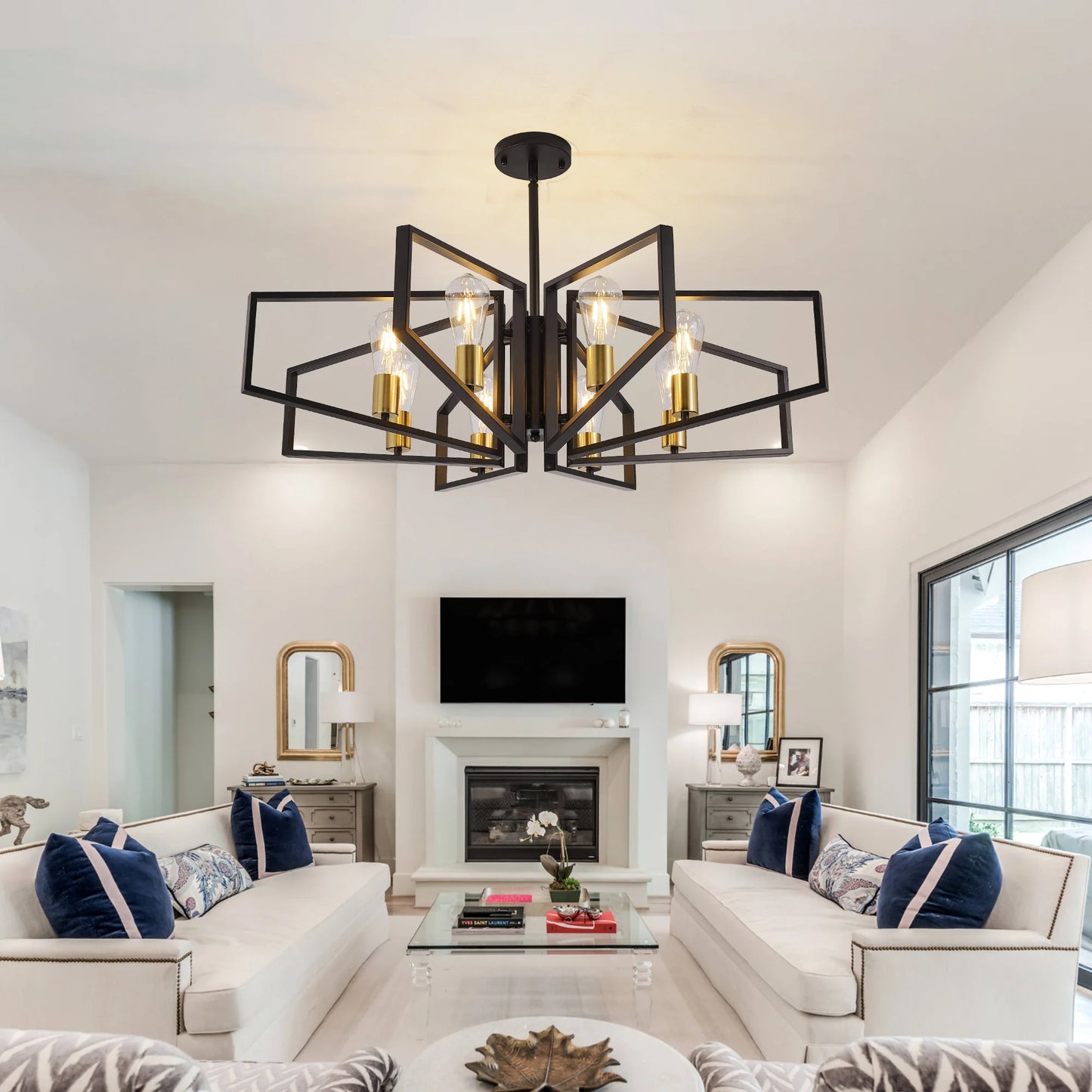 Geometric 8-Light Chandelier With Adjustable Height Iron Pendant Light