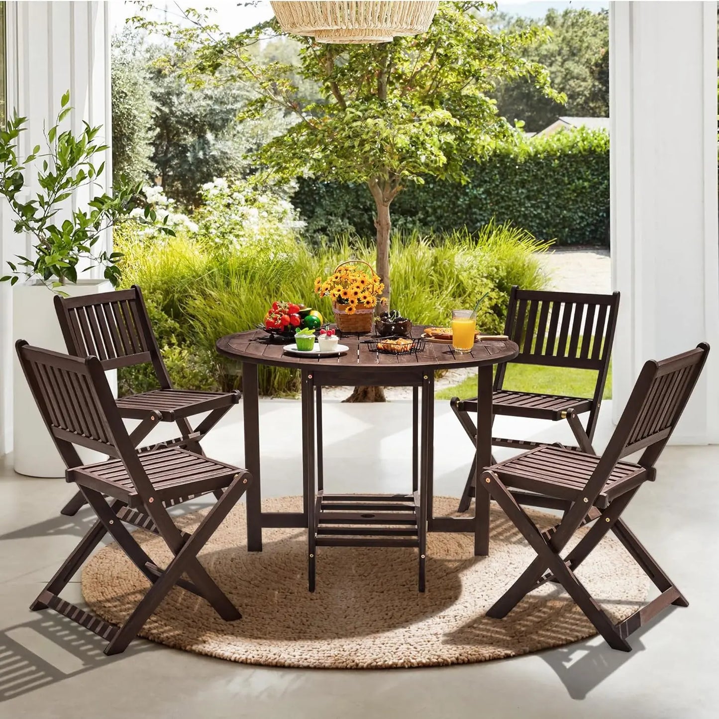 Acacia Wood Patio Dining Set With Folding Chairs And Table