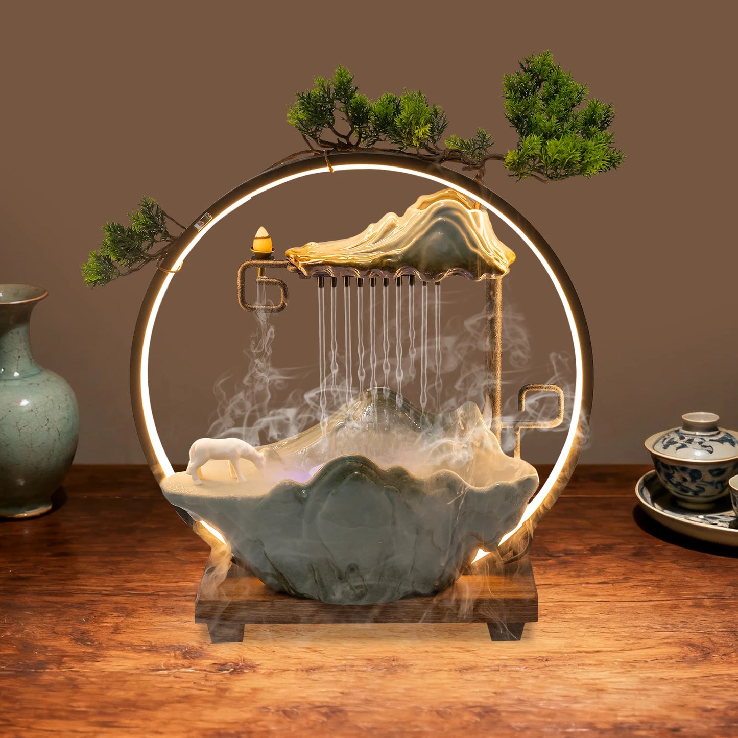 Indoor Tabletop Water Fountain With Mist Rockery Led Decor Meditation
