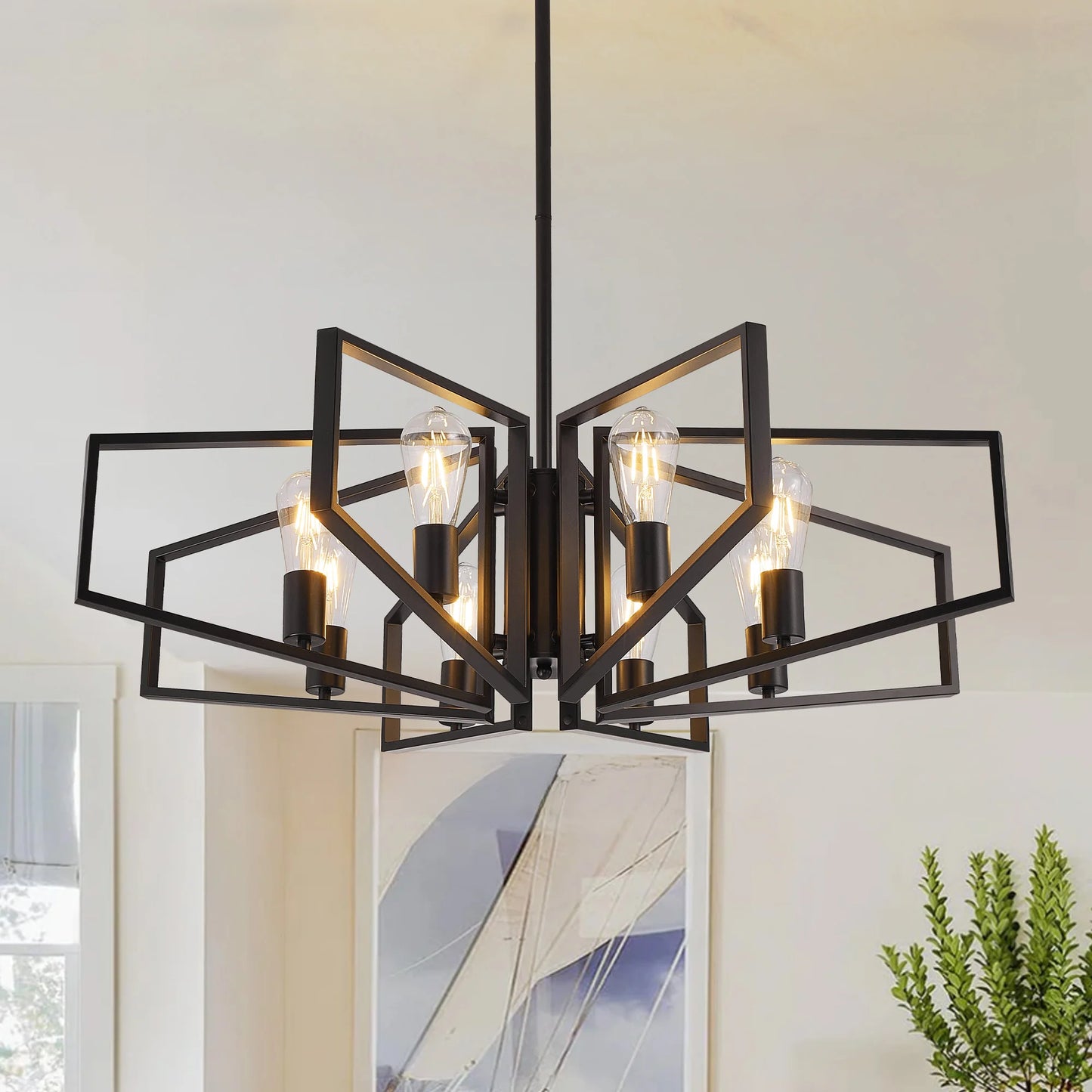 Geometric 8-Light Chandelier With Adjustable Height Iron Pendant Light