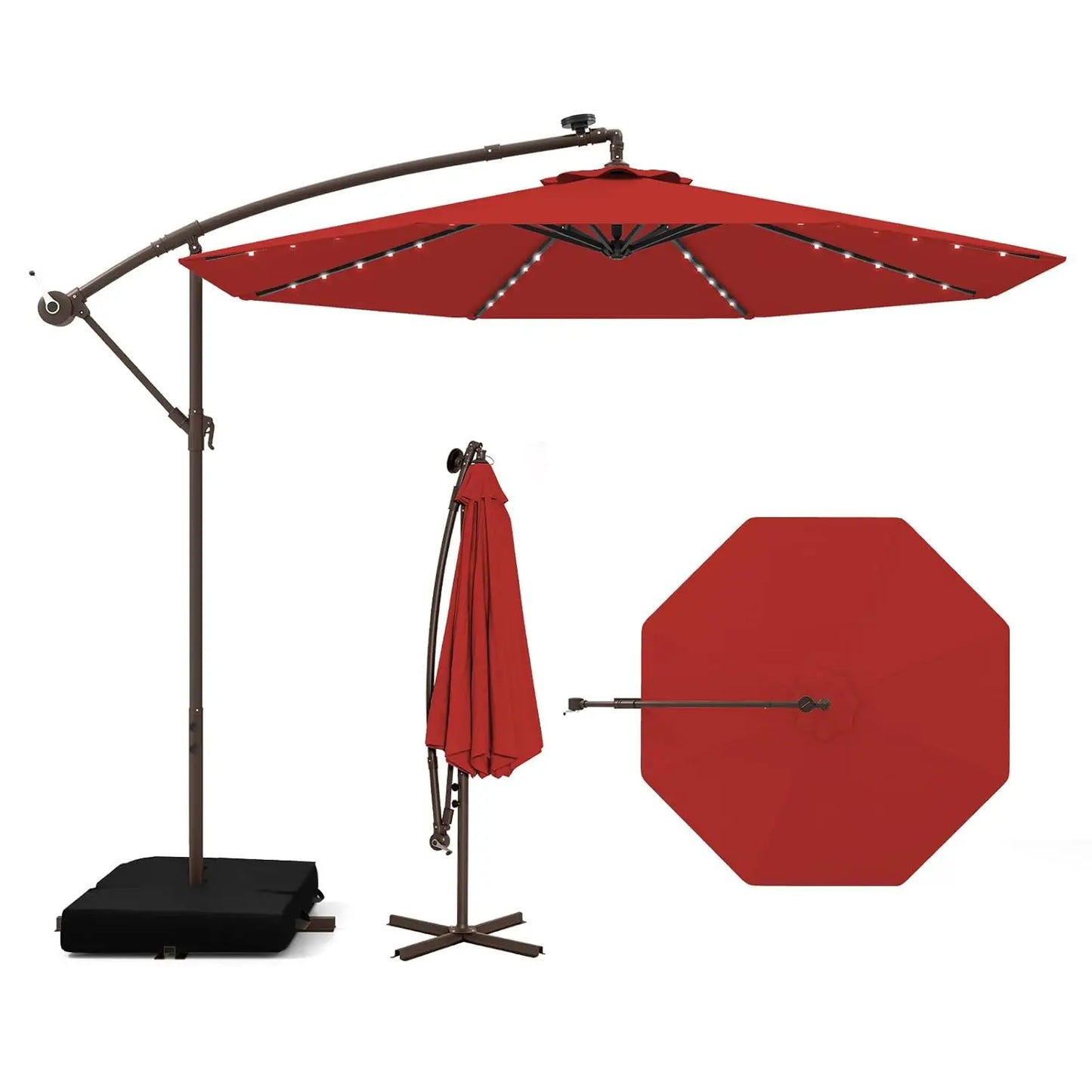 Offset Patio Cantilever Umbrella With Base And Solar LED Lights