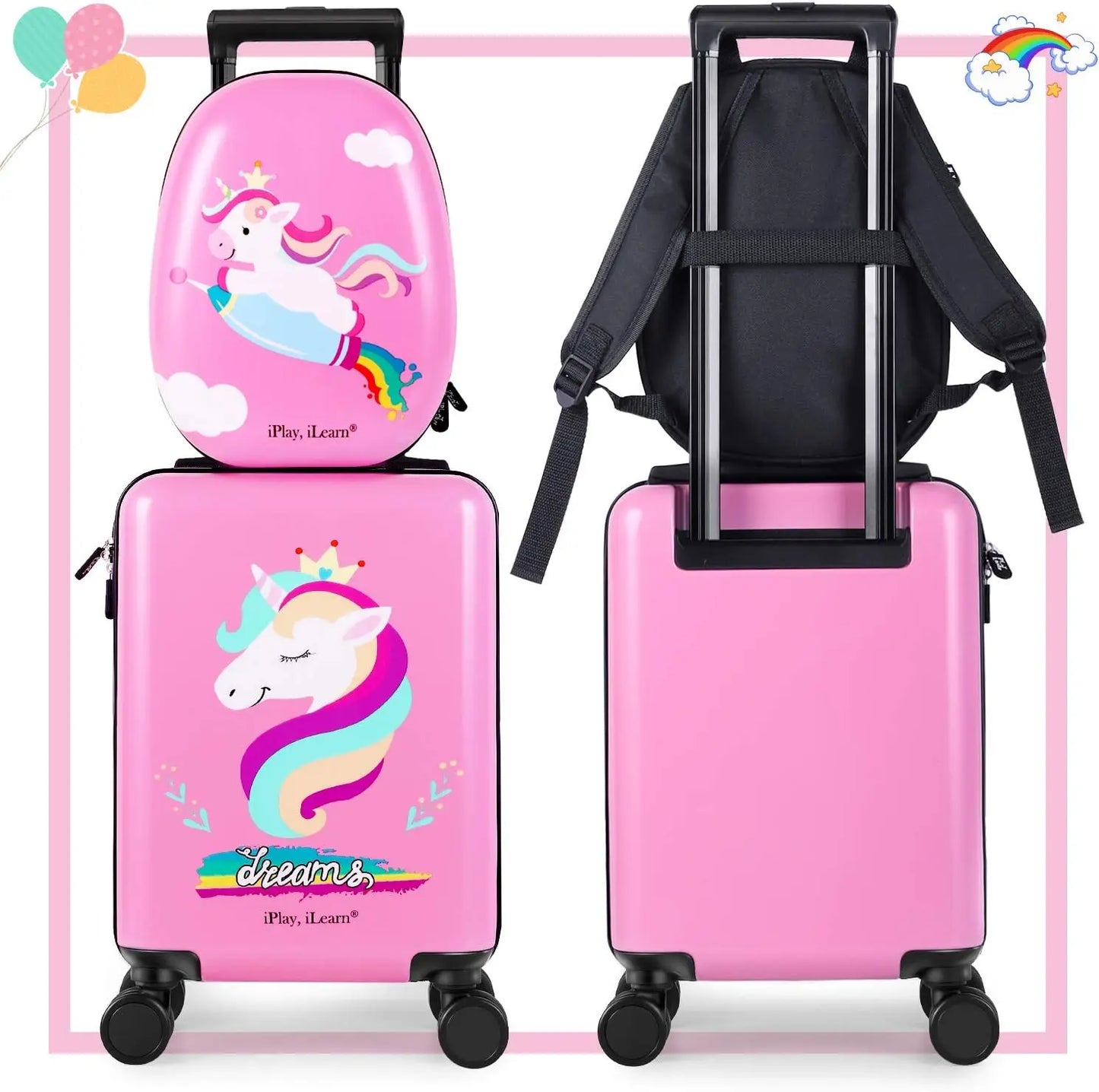 Caster Unicorn Kids Luggage Set With Backpack Rolling Suitcase