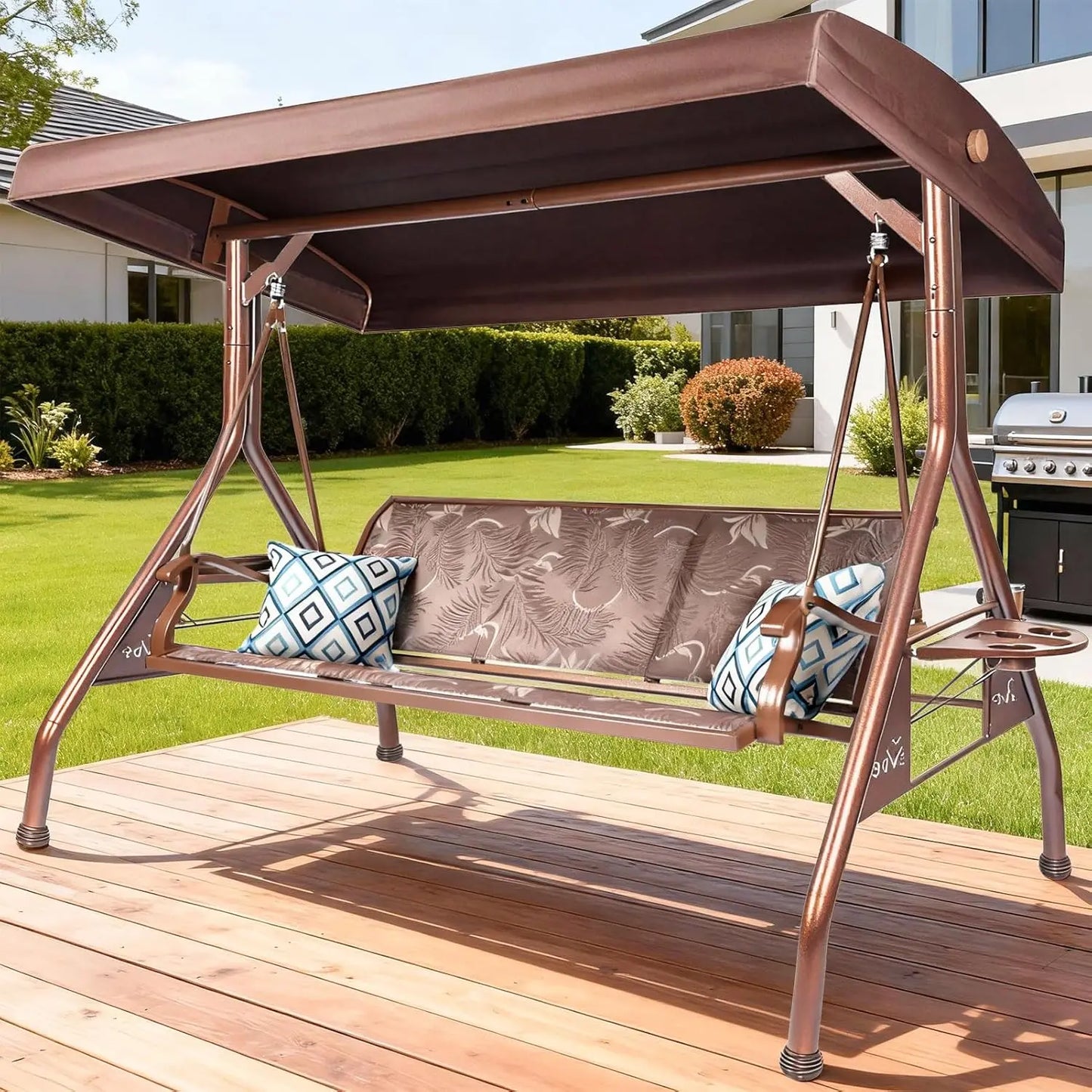 Patio Swing Chair With Adjustable Canopy And Cup Holders