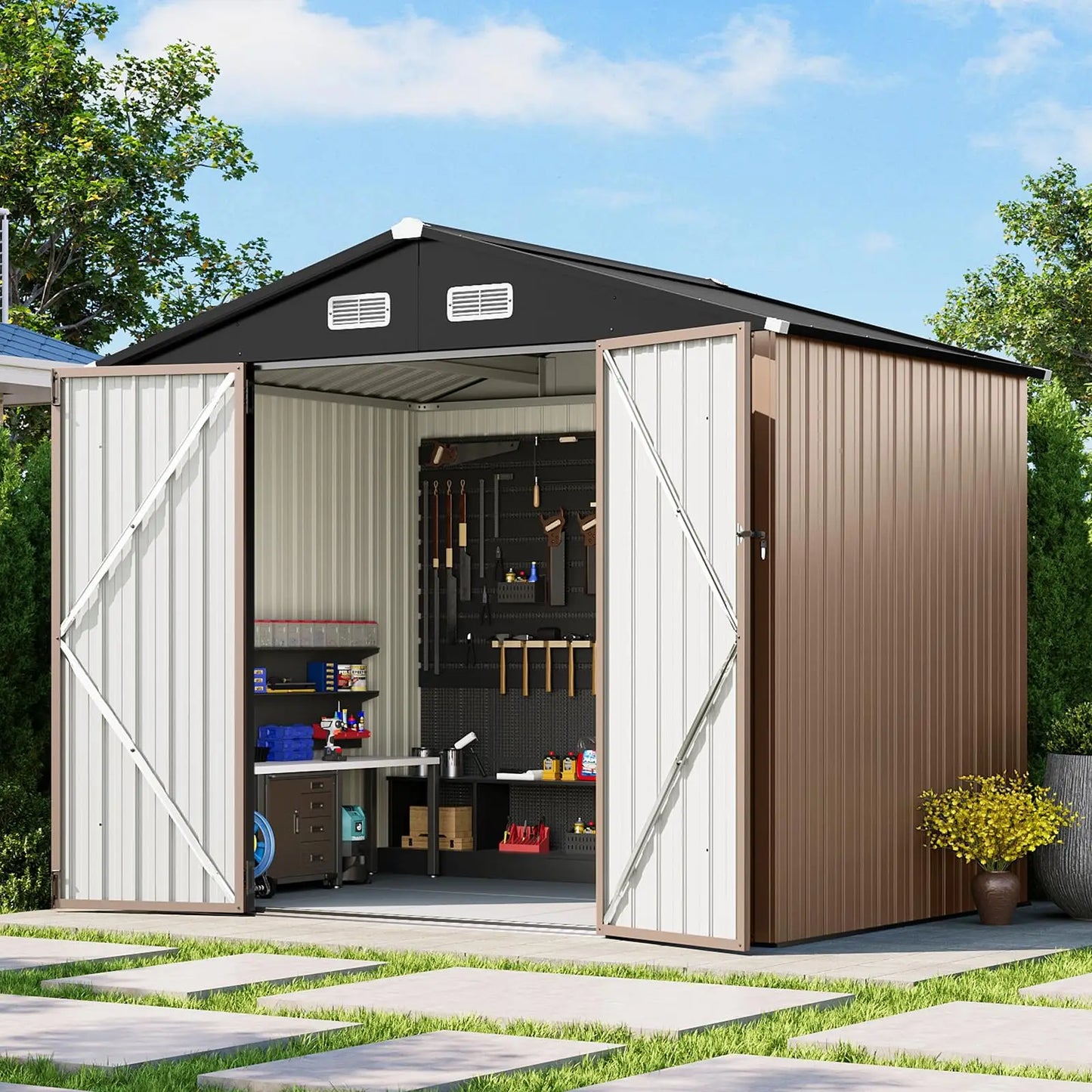 Durable Galvanized Steel Outdoor Shed With Floor And Lockable Doors