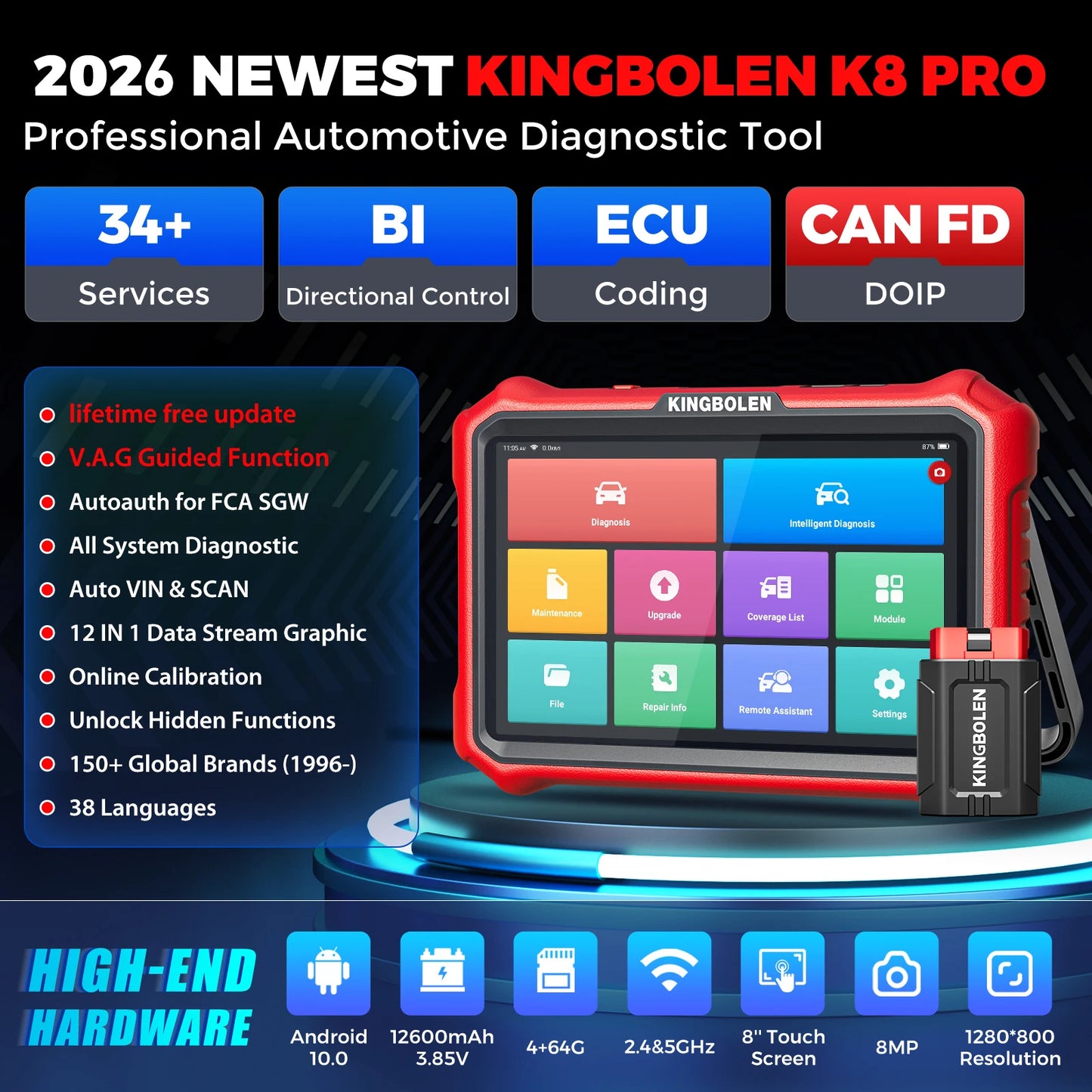 Kingbolen K8 Pro Elite Car Diagnostic Tool With Bi Directional