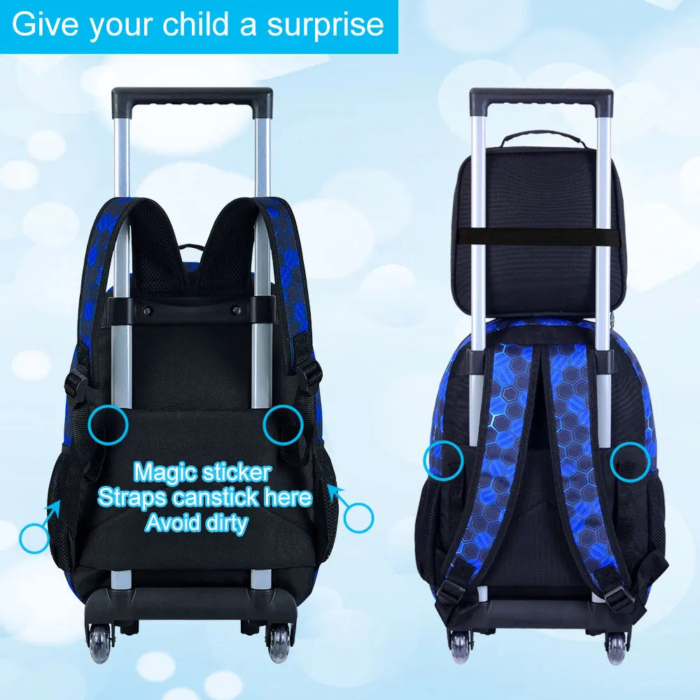 NONECN Rolling Backpack 3pcs Kids Wheeled Bookbag with Lunch Bag