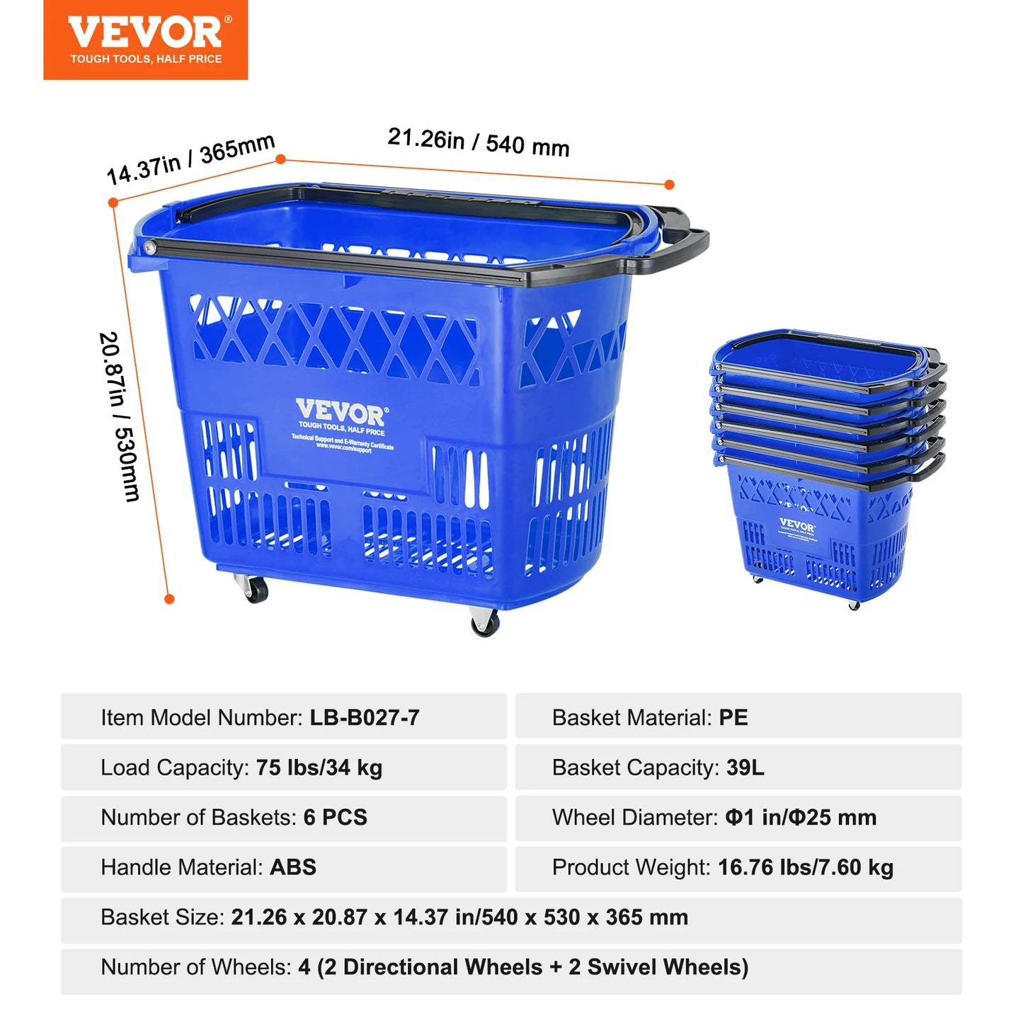 NONECN 6 Piece 39L Rolling Shopping Baskets With Handles