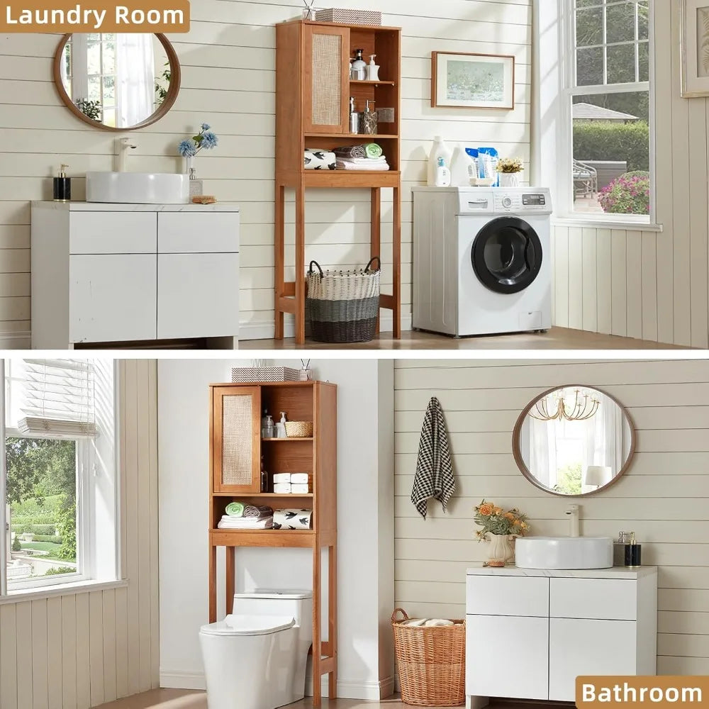 XMSJ Over Toilet Storage Cabinet Rattan Sliding Door Bathroom Organizer