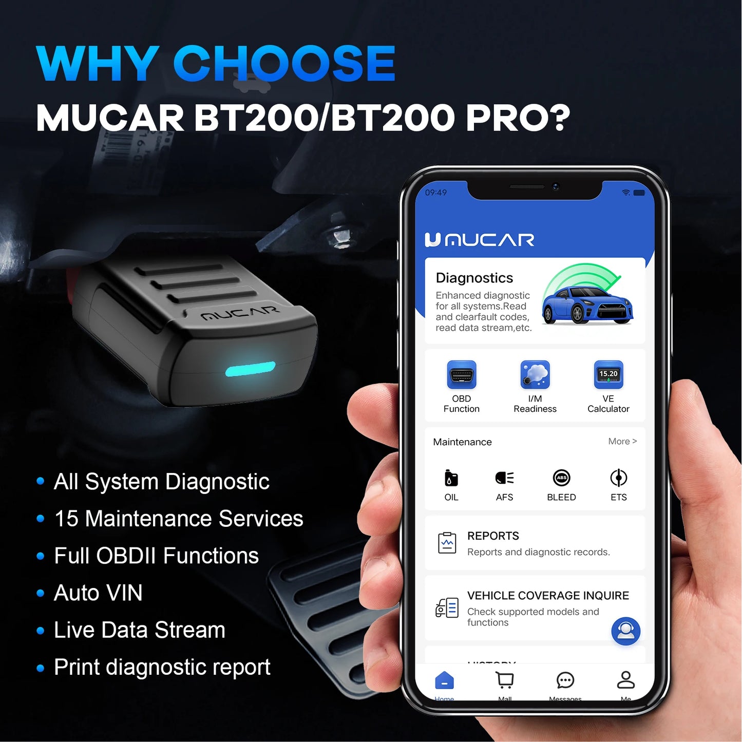 MUCAR BT200 Pro OBD2 Bluetooth Diagnostic Tool Full System Scan