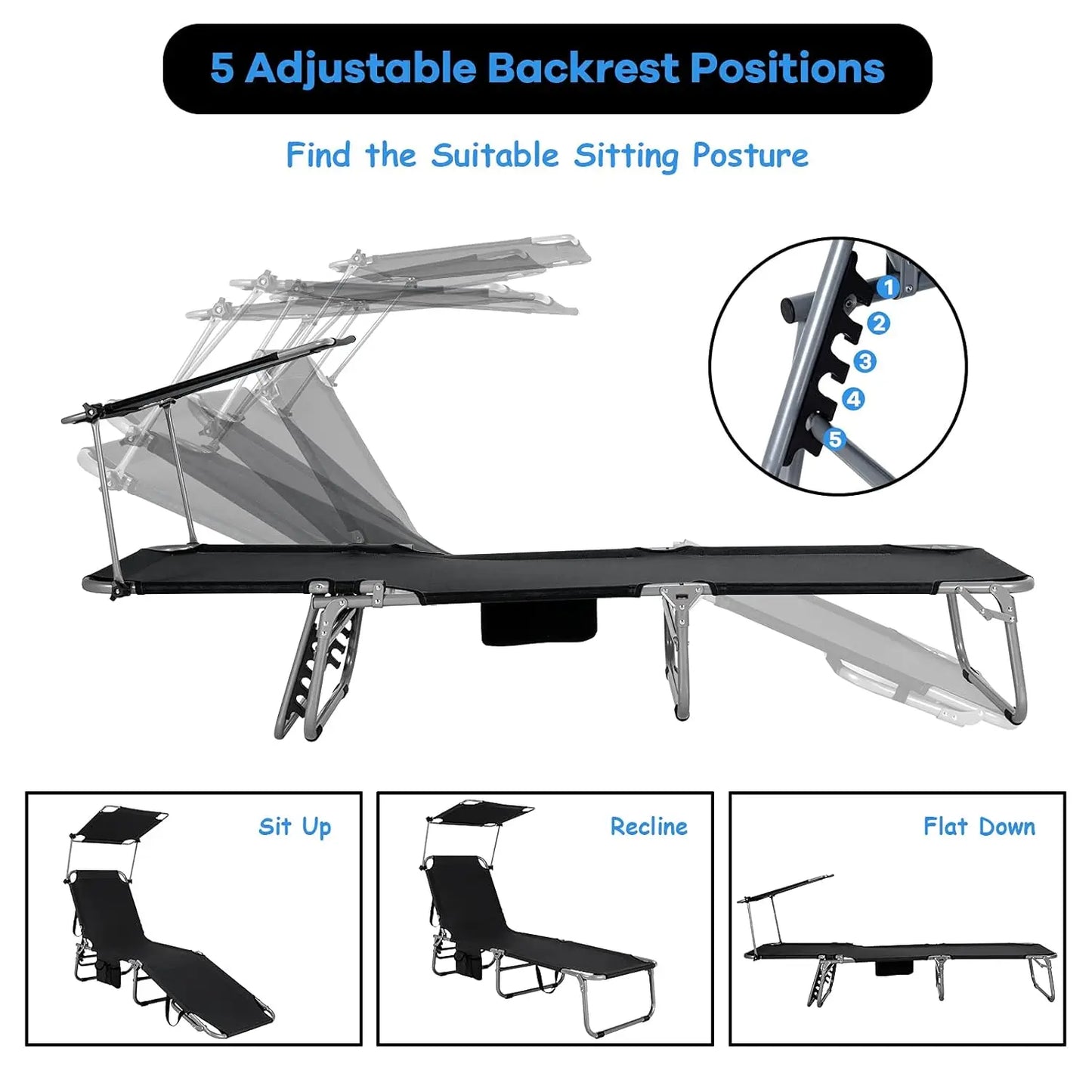 Beach Chair With Canopy Shade Folding Lounge Adjustable Backrest