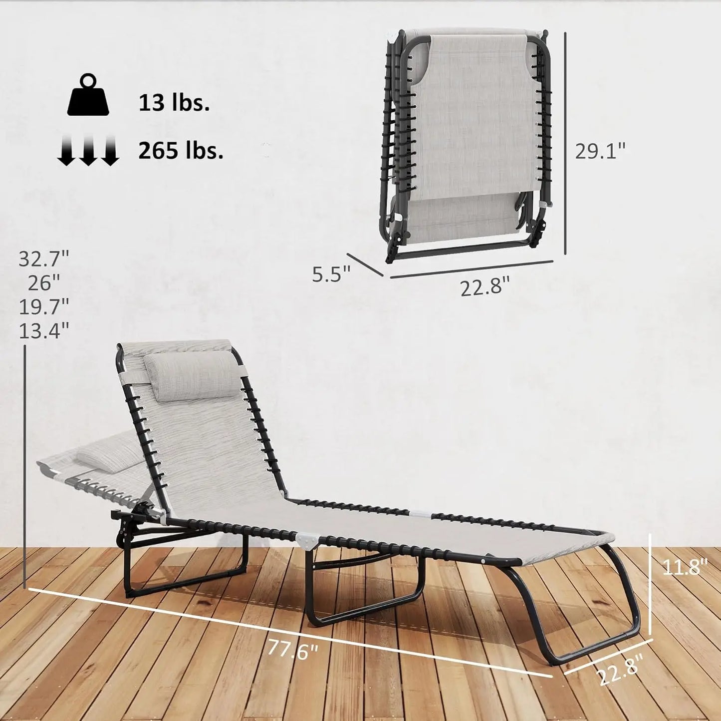 Folding Chaise Lounge Chair Outdoor Sun Lounger With Reclining Back