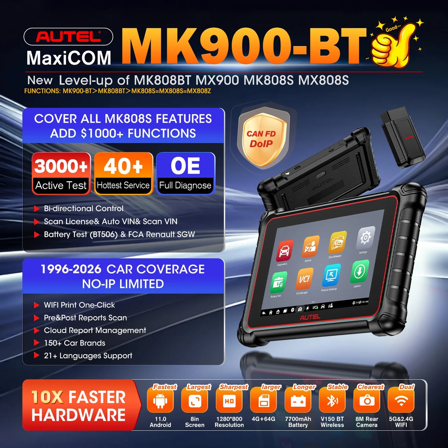 Autel MaxiCOM MK900BT Diagnostic Tool With 40 Services CAN FD