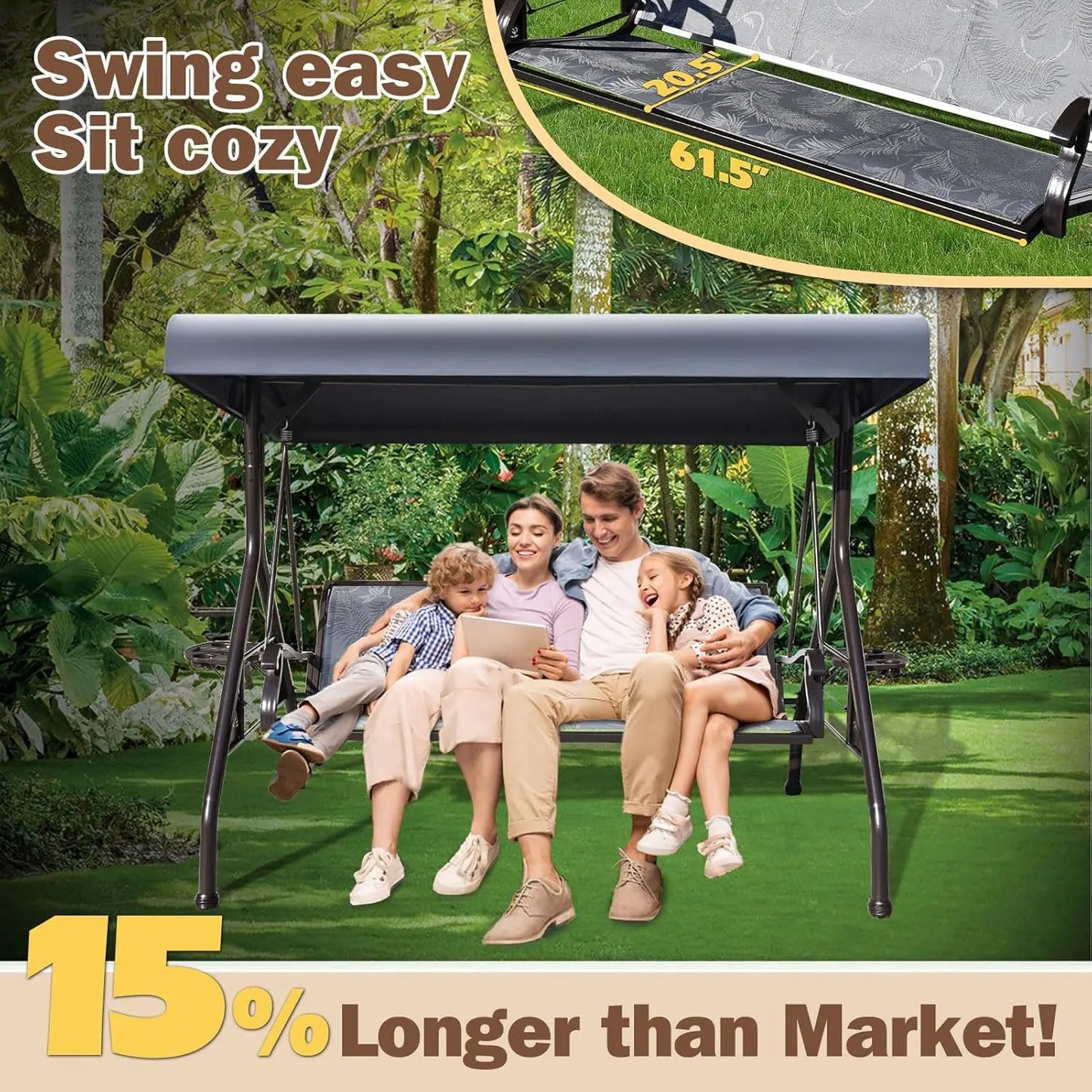 Patio Swing Chair With Adjustable Canopy And Cup Holders