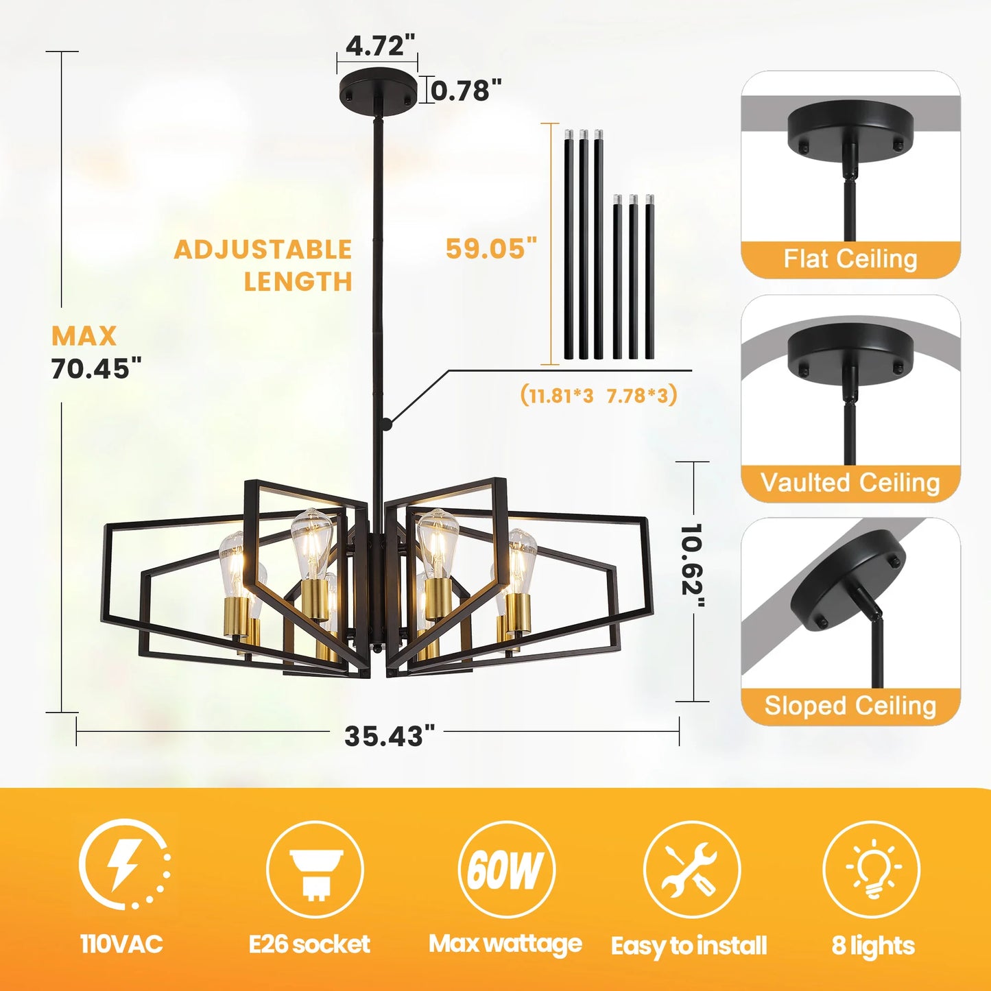 Geometric 8-Light Chandelier With Adjustable Height Iron Pendant Light