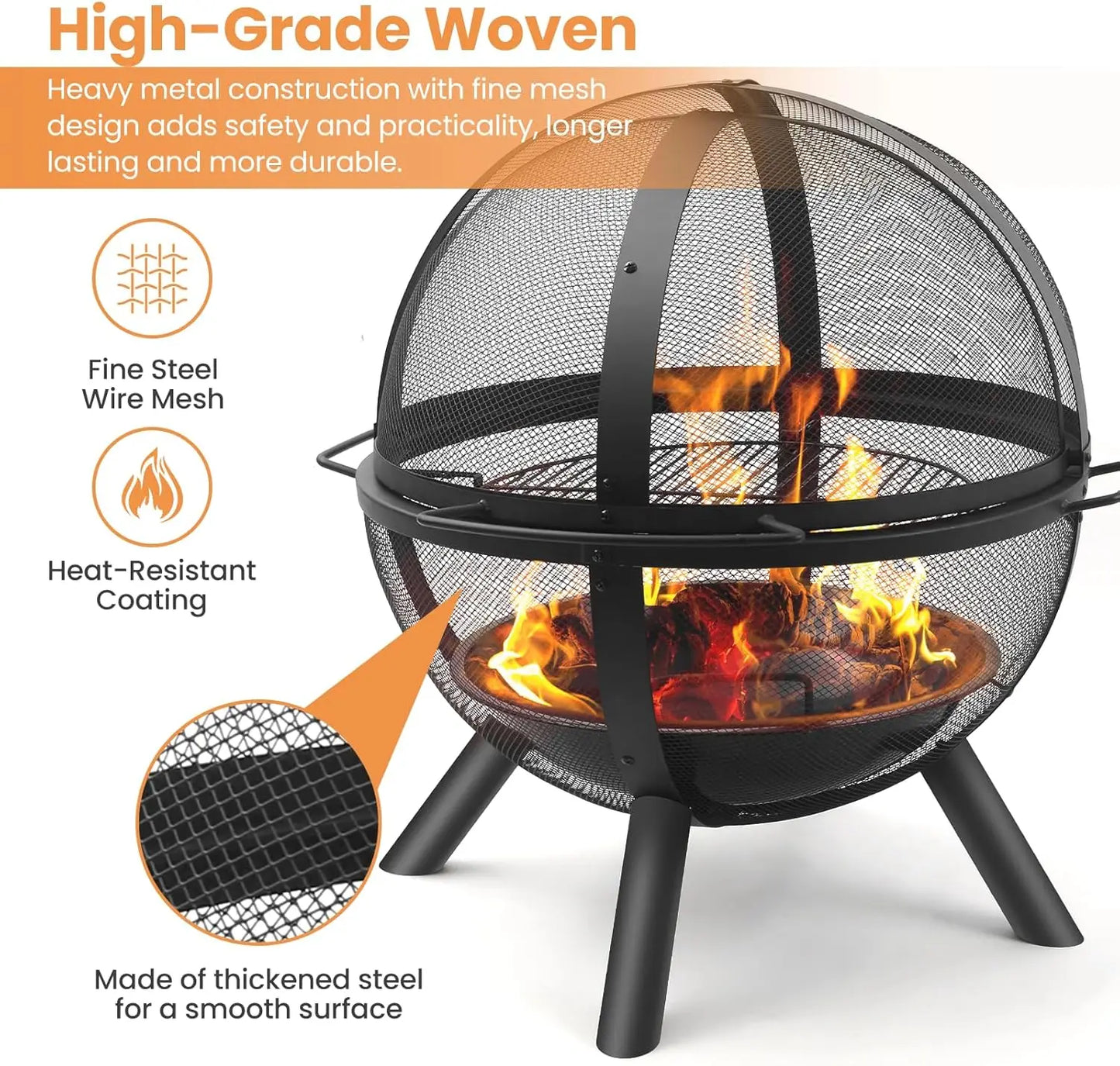Round Fire Pit With BBQ Grill Outdoor Bonfire Patio Fireplace