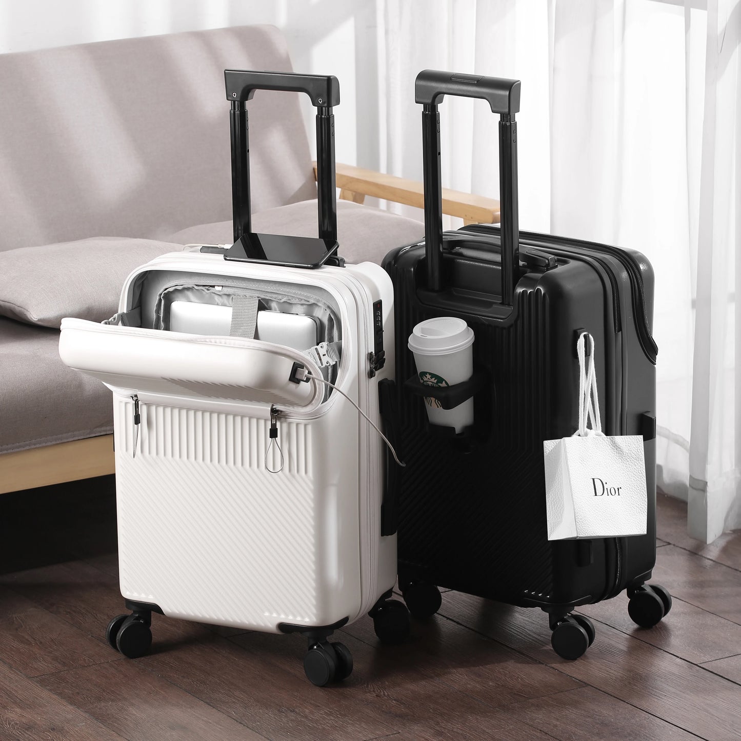 NONECN Luggage Stylish Business Suitcase With Cup Holder Carry On